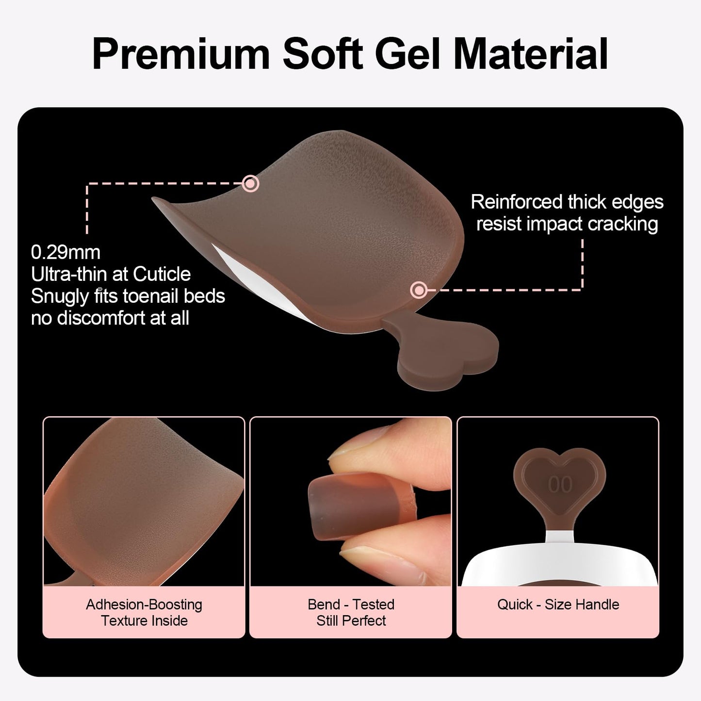 French Toe Nail Tips Press ons 288pcs, Pre-Designed 16 Sizes Soft Gel Full Cover Fake Toenails for Women Short Square, Pre-Applied Brown Base Coat & Tip Primer for DIY (Brown)
