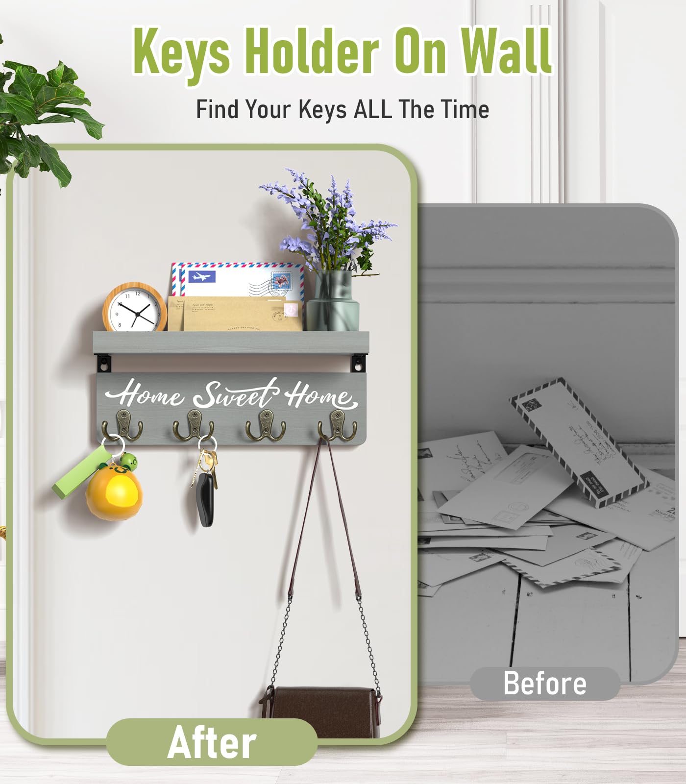 buways Key Holder Wall Mount with 4 Double Hooks-Solid Wood Wall-Mounted Organizer for Keys&Mail Rustic Key Rack Hanger Holder Home Decor for Entryway Living Room (Gray)