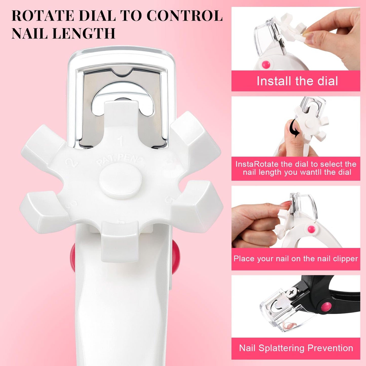 Yaomiao 3 Pcs False Premium Nail Clipper with Size Adjuster for Acrylic Nail Tips Cutter Rustproof Stainless Steel Trimmer Manicure Tool for Salon Artificial Tips Blade Clip (Black, Pink, White)