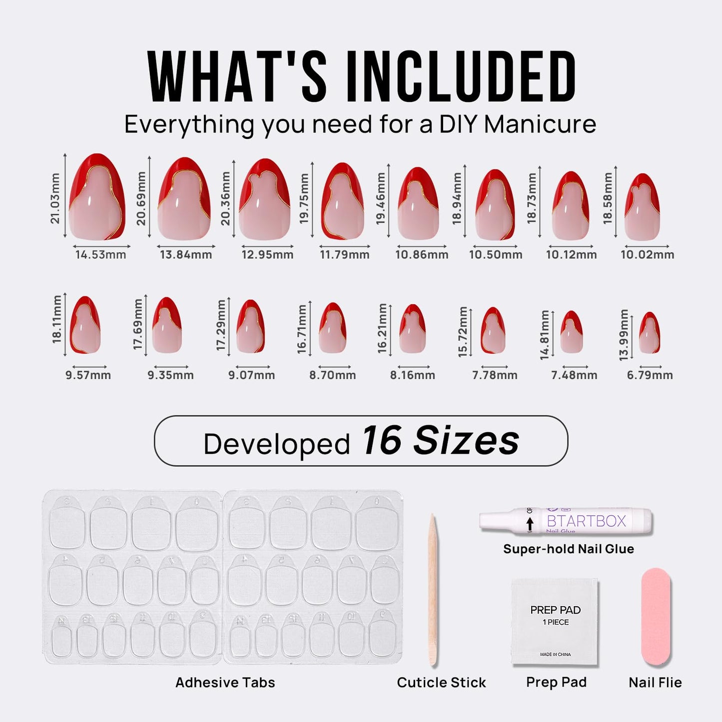 BTArtbox French Tip Press On Nails - Short Almond Red Press On Nails with Glue and Adhesive Tabs for Women in 16 Sizes - 32 Soft Gel Glue On Nails Kit, Wildfire Waves