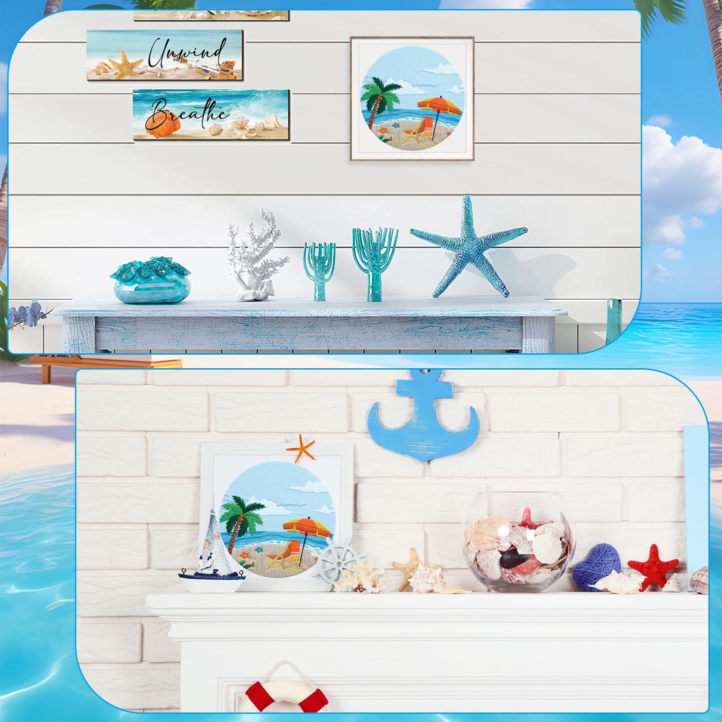 ElasignShopo Ocean Embroidery Kit for Beginners Adults, Easy Cross Stitch Kit Spring Summer Beach Ocean Pattern Embroidery Starter Kits with Wooden Hoop Needles Threads Display Stand and Instruction
