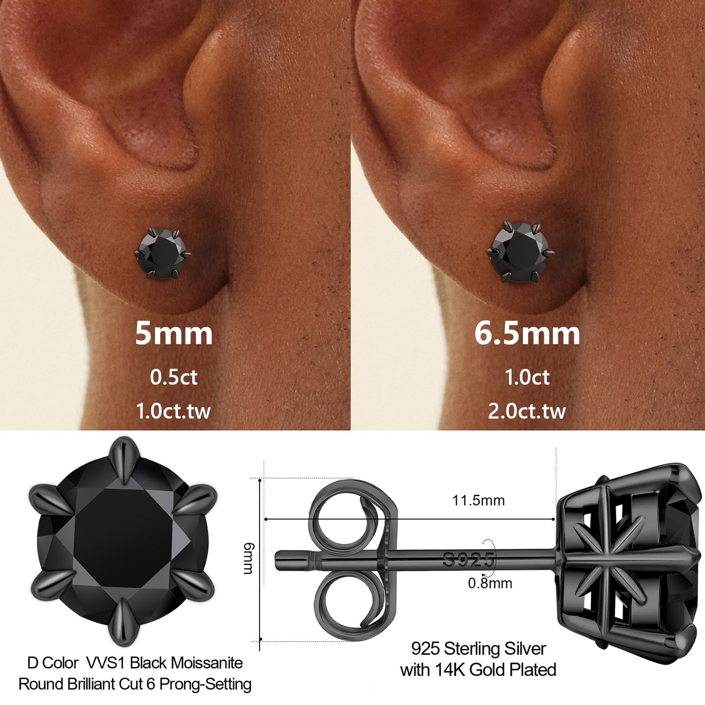 KRKC Black Moissanite Stud Earrings, 2ct, Sterling Silver, Hypoallergenic, Friction Back for Men Women