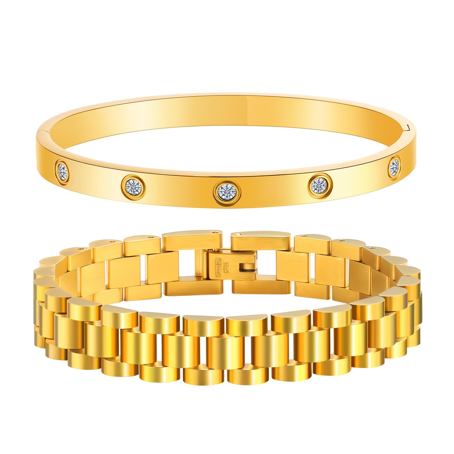 2PCS Gold Chain Link Watch Bracelet Set,18K Gold Plated Stackable Bracelets for Women,Stainless Steel Jewelry with Adjustable Tool, Non-Tarnish Friendship Love Bracelet Gift for Her. (2pcs-A Gold)