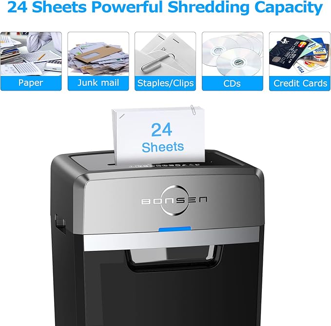 BONSEN Heavy Duty Paper Shredder, 24-Sheet Cross-Cut Shredder, 40-Min Continuous Running Time, Commercial Grade Shredder for Office, 9-Gallon Big Basket, 55dB Super Quiet, P-4 High Security (S3105)