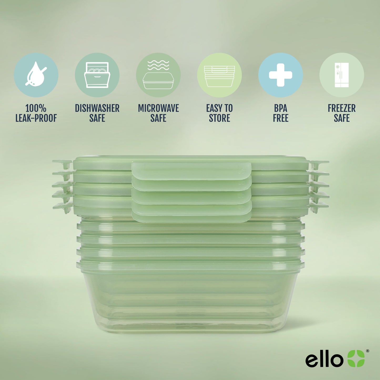Ello Snap & Nest 10-Piece 4.5 Cup Plastic Meal Prep Set, Reusable Food Containers for Healthy Eating, Freezer, Dishwasher Safe, Sage