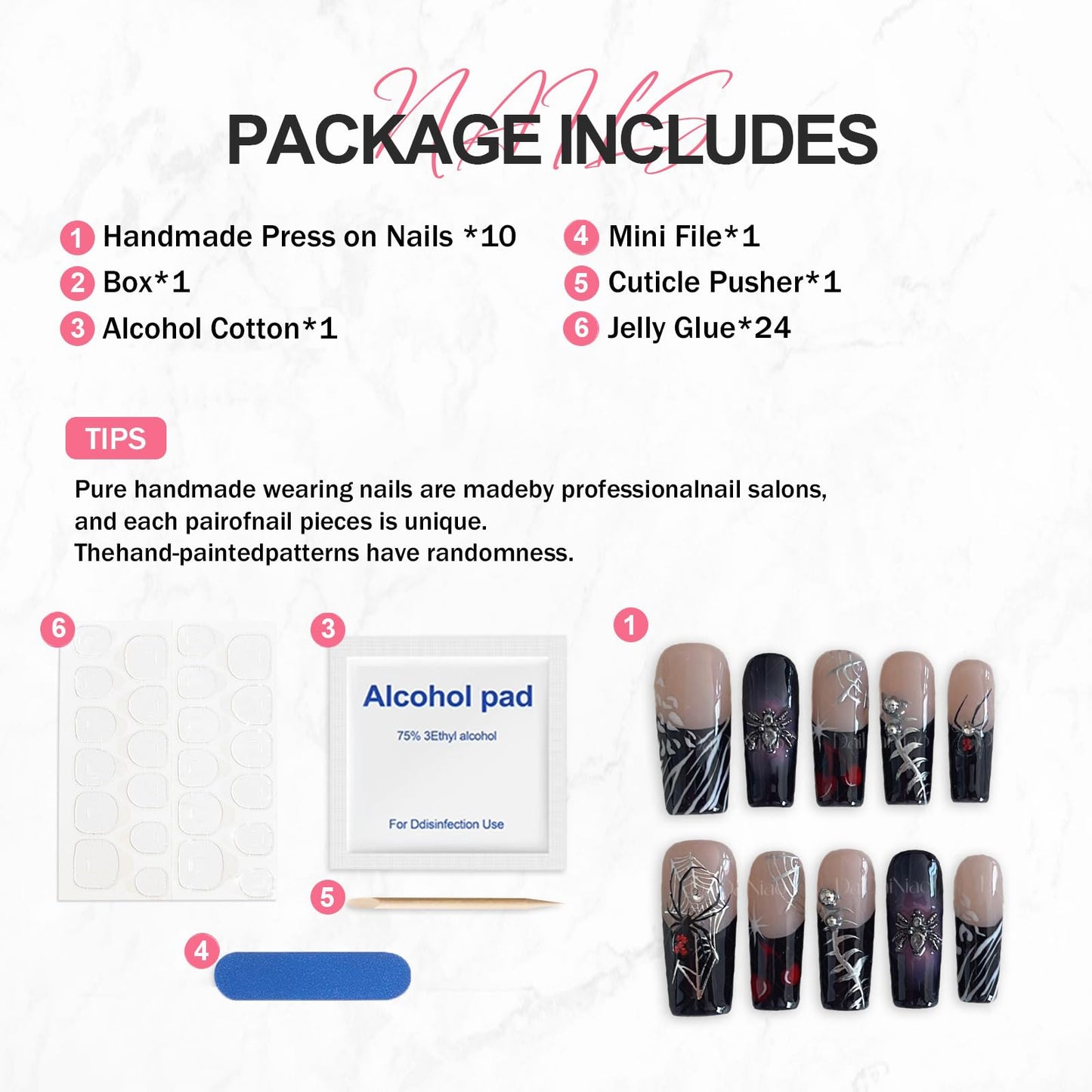 Halloween Handmade Press on Nails Long Square False Nails 3D Spider Designs Full Cover Thick Black French Tip Acrylic Fake Nail Halloween Silver Spider Web Stick on Nail for Women（Size M)
