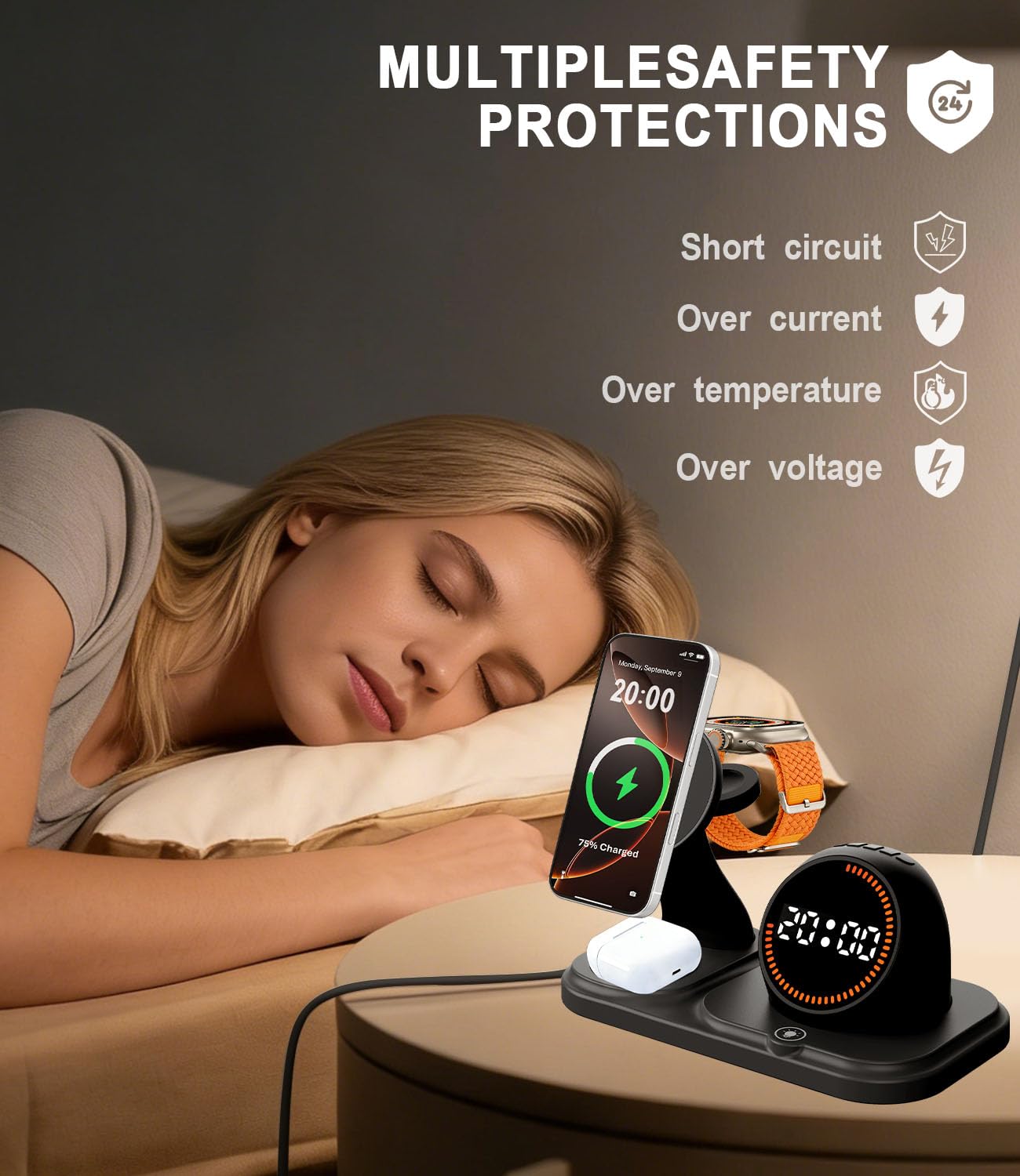 Wireless Charging Station with Clock,6-in-1 Charging Stand for Multiple Devices for iPhone 17 16 15 14 13 12 Pro Max, Apple Watch, Airpods, Bluetooth Speaker + RGB Light