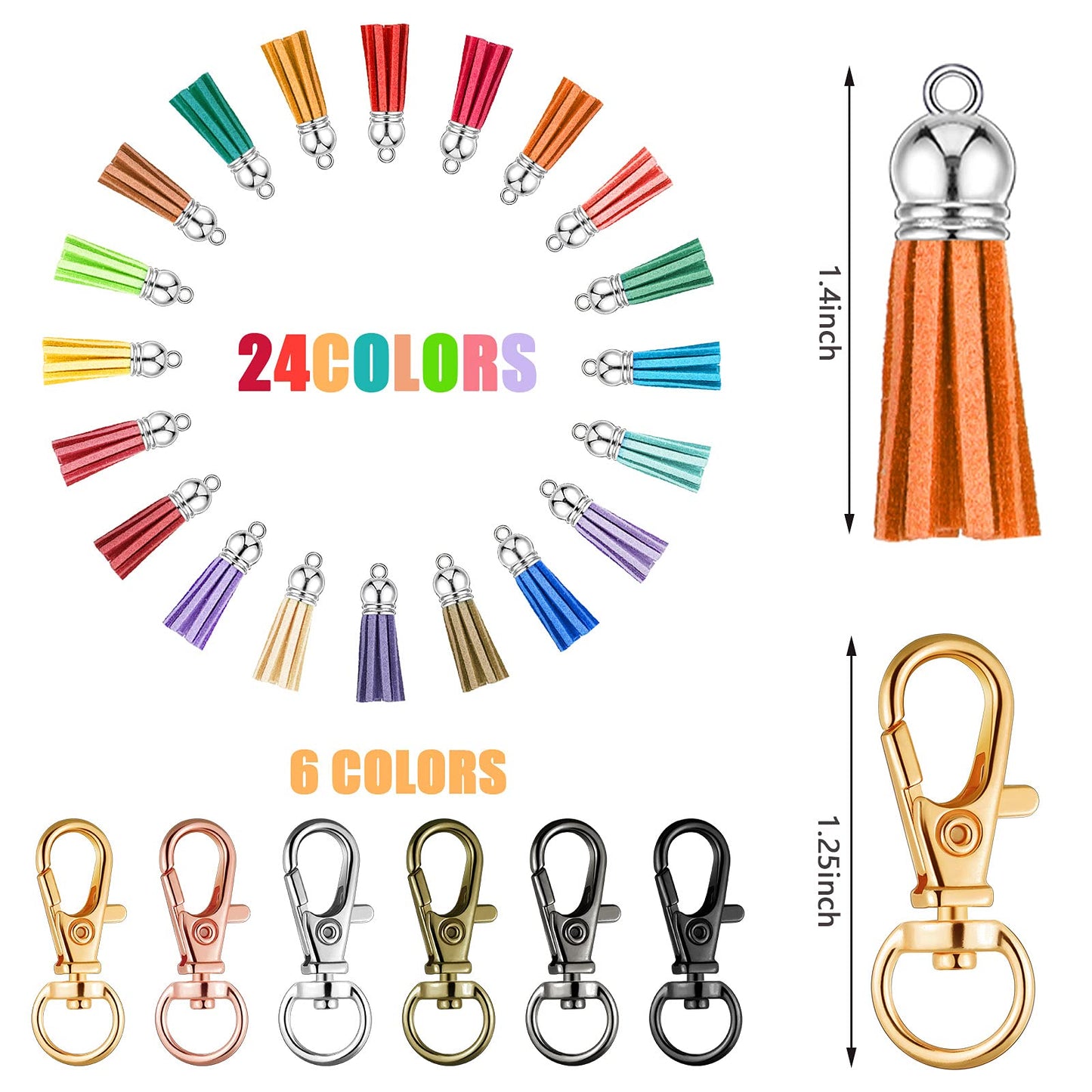 Furge 72 Pieces Key Fob Hardware Set Including 24 Wristlet with Keyring, Colorful Leather Keychain Tassel and Swivel Snap Hooks for Supplies, 6 Colors, Multicolor, Large