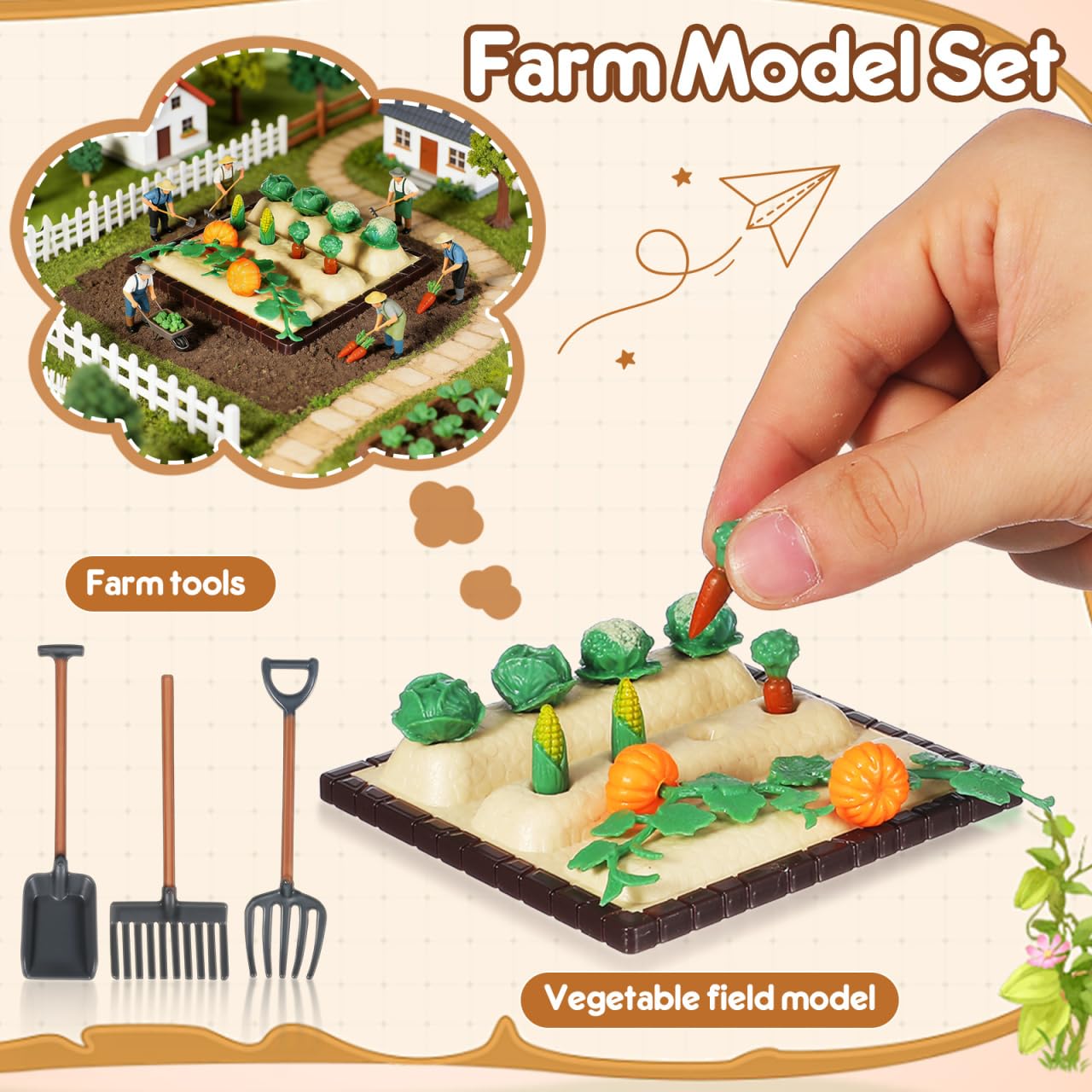 Mini Landscape Vegetable Field Model with 3 Farm Tool Models 1/12 Scale Small Shovel Gardening Tools for Dollhouse Scene Decor 3.54X3.54X0.78 Inch