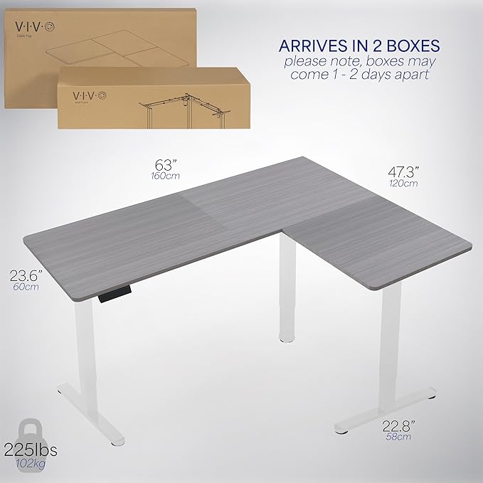 VIVO Corner Standing Desk, 63 x 47 inch Reversible L-Shaped Workstation, Electric Height Adjustment, Home, Office, and Reception Rooms, Dark Gray Table Top White Frame, DESK-E3CTWG-47