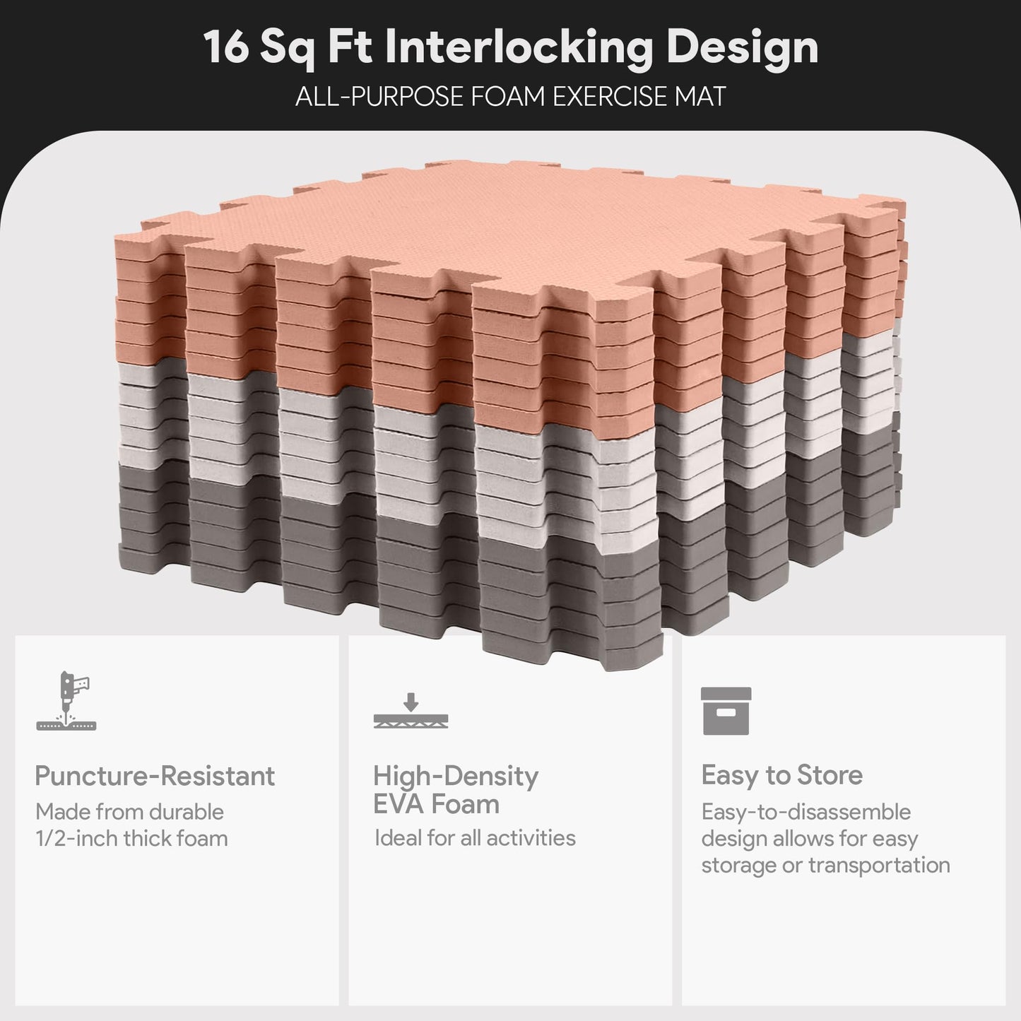 BalanceFrom 16-Pack 12x12 Inches EVA Interlocking Foam Play Tile Mat, Cream/Gray/Beige – 0.4-Inch Thick Non-Slip Puzzle Flooring for 16 Square Feet in Playroom, Nursery, or Playpen at Home