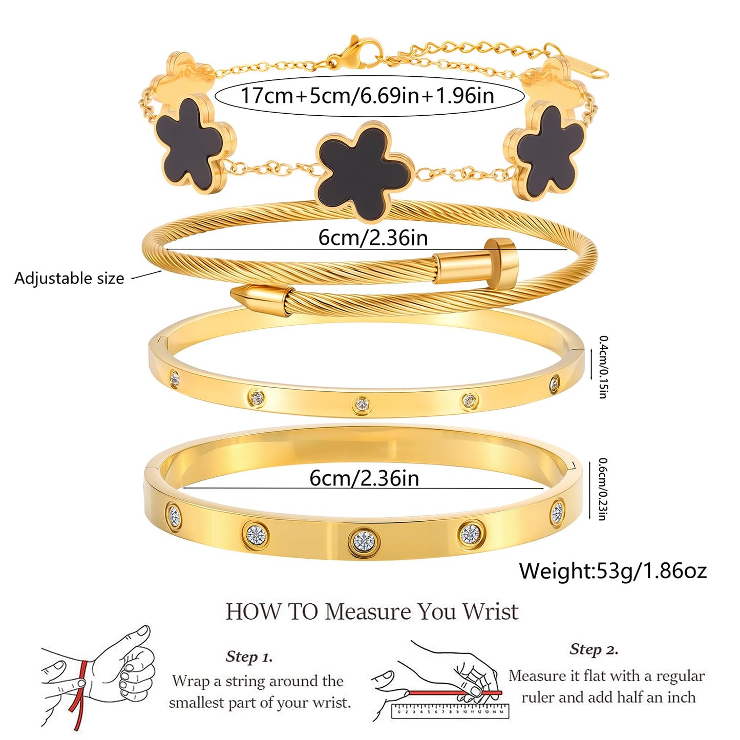 ISELBDR 18K Gold Bracelets for Women - Stackable Clover & Nail Love Bangle Set - Non-Tarnish Stainless Steel Jewelry for Valentine's, Mother's Day & Christmas (Black)