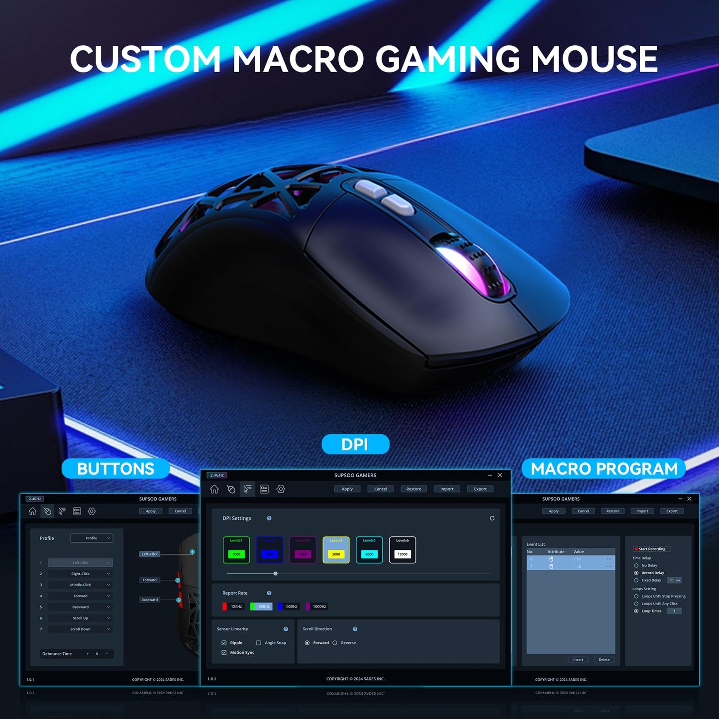 FD Wireless Gaming Mouse,Rechargeable RGB Programmable Macro Mouse,10000 DPI,Tri-Mode 2.4GHz/BT 5.0 with Wired,3.7V 500mAh Built-in Battery for Laptop Desktop PC MacBook Chromebook - Black