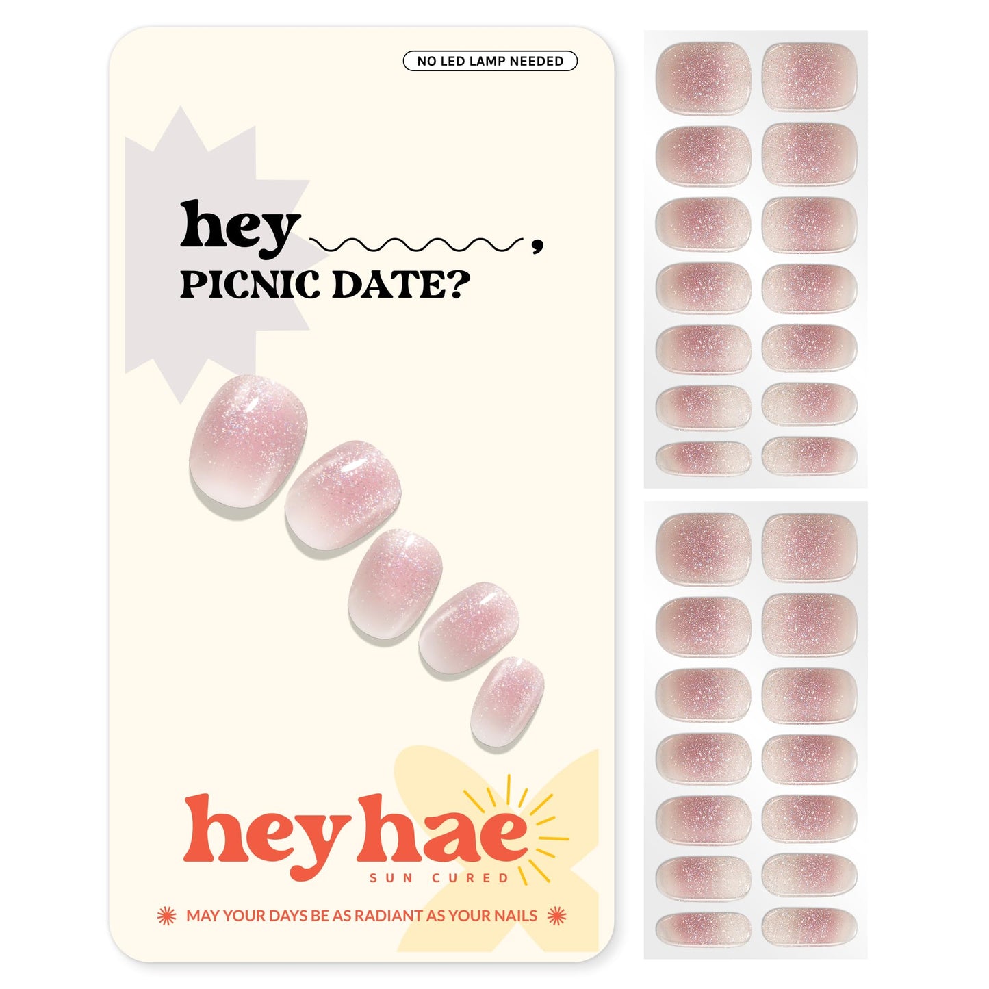 Heyhae Semi Cured Gel Nail Strips | No LED Lamp Needed | Glitter, Pink, Spring | Easy Apply & Remove, Salon Quality | Includes 28 Strips, 1 Prep Pads, Nail File & Wooden Stick - Hey, Picnic Date?