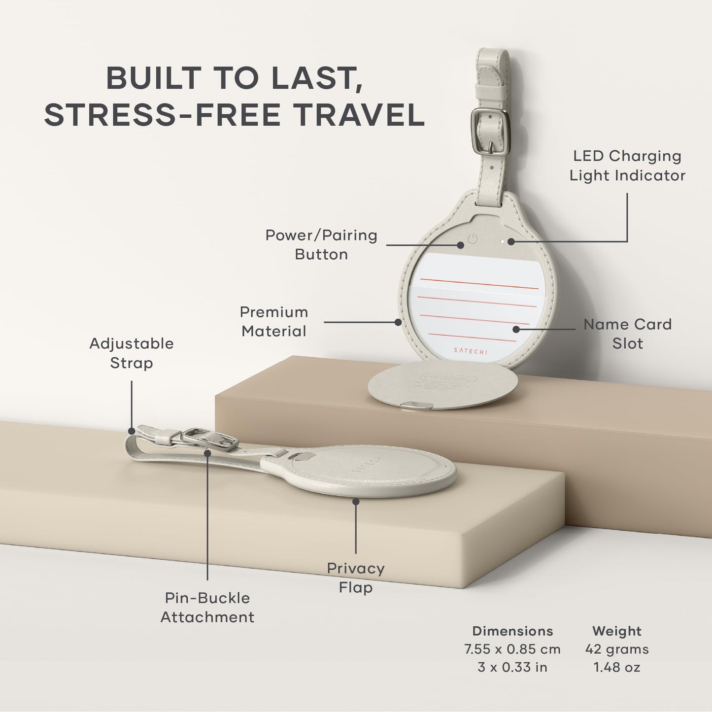 Satechi FindAll Smart Luggage Tag with Find My, TSA-Friendly, Airport Tracking, Left-Behind Alerts, Loud Audible Chime, Wireless Rechargeable, Works with iPhone, iPad, Mac – Sand