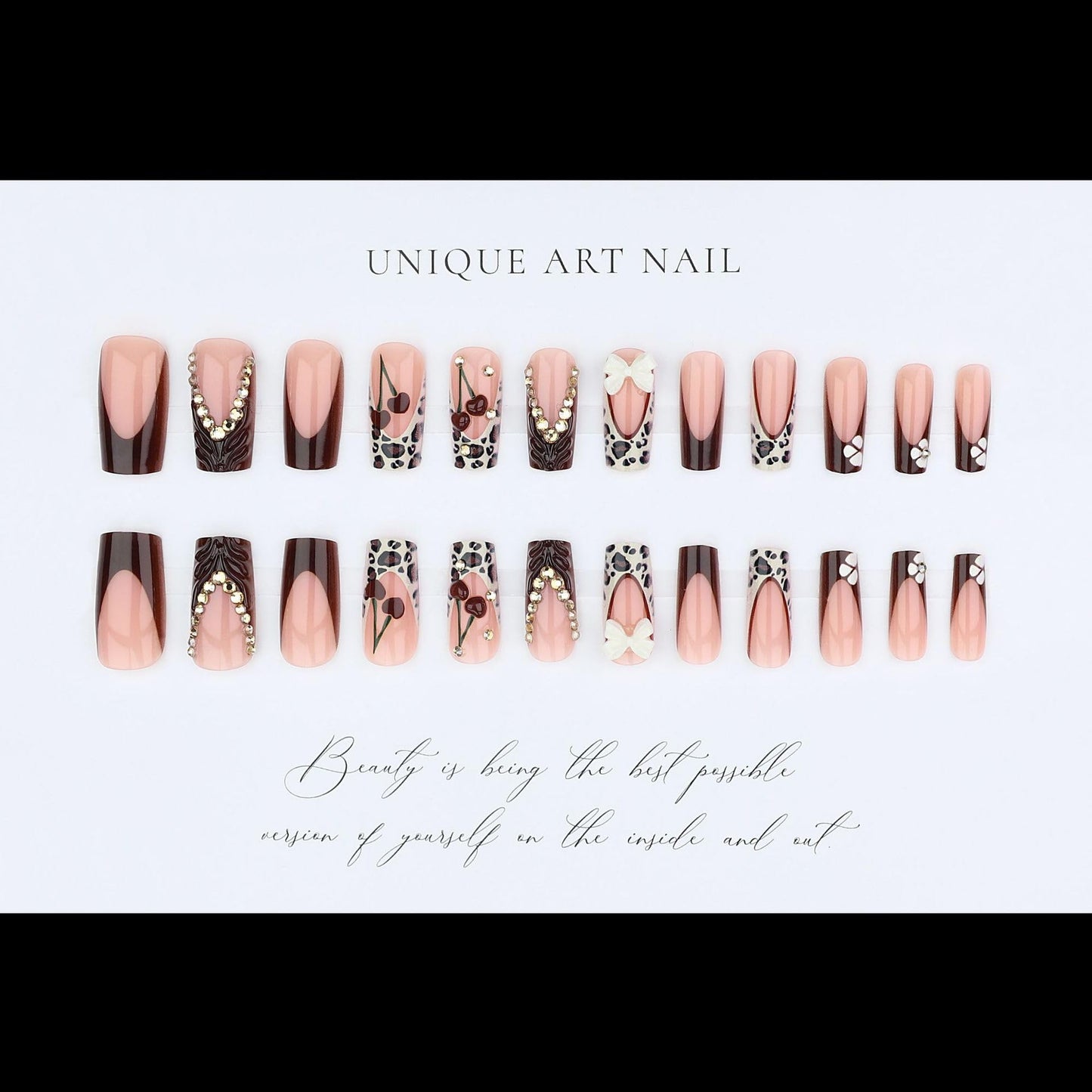 Long Press on Nails Square Fake Nails Brown Artificial Nail White Bow and Red Cherry Designs Rhinestones Stick on Nail for Women 24pcs