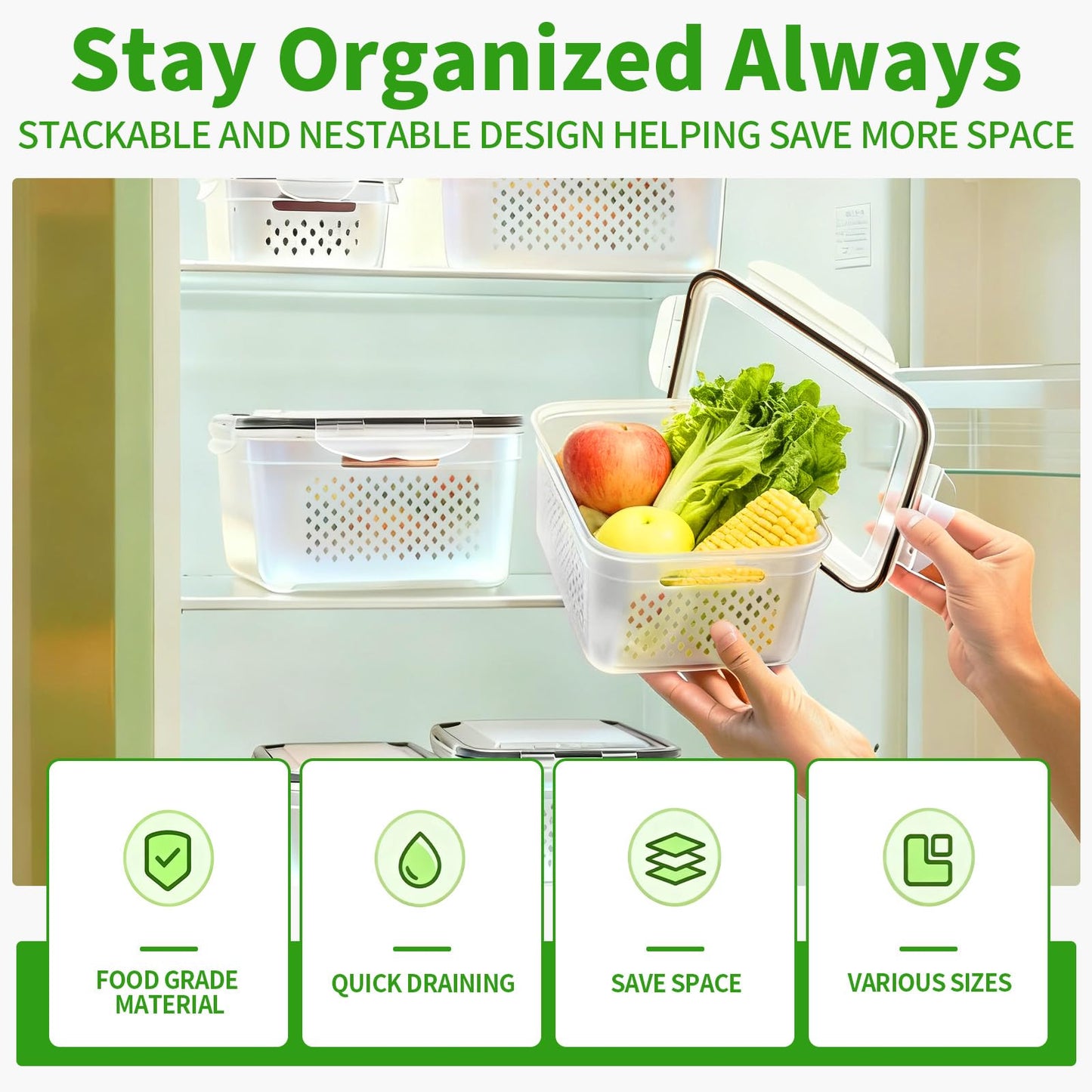 PRAKI 5-Pack Large Fruit Storage Containers for Fridge with Removable Colander, 2 in 1 Produce Storage Containers, BPA-Free Fridge Organizers and Storage Keep Fruits, Vegetables, Berry Fresh Longer