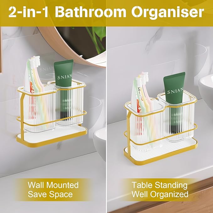 Gold Toothbrush Holders for Bathrooms, 2 Cups Toothbrush Holders Wall Mounted, Dry & Wet Separation, Bathroom Organizer and Storage - Bathroom Toothbrush Holder Set for Family Kids