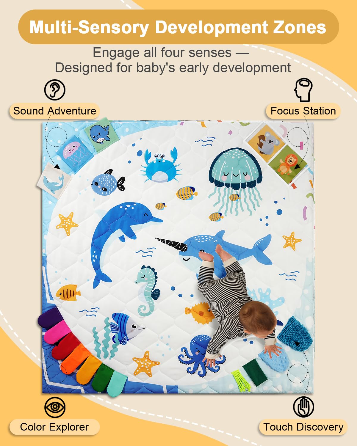 TINYHARBO Premium Foam Baby Play Mat 50x50, 4 Developmental Zones Play Mat with Removable & Machine Washable Cover, Extra Thick Padding Playpen Mat, Easy to Clean for Infants, Toddlers & Babies
