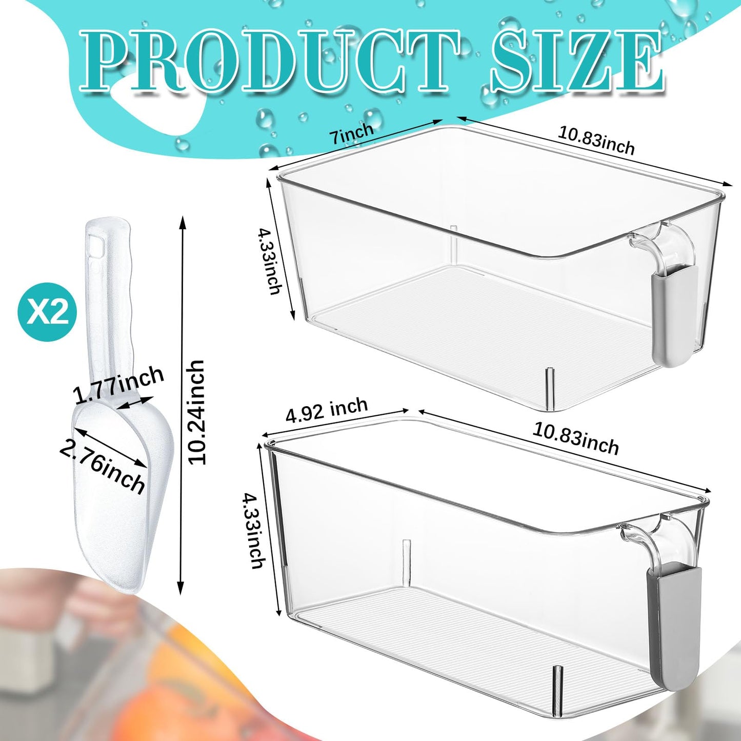 Havawish Ice Storage Bin and Flexible Scoop Set Plastic Freezer Bin with Pull out Handle Storage Bucket Clear for Container with Scoop(Grey,10.83 x 7 x 4.33 In,10.83 x 4.92 x 4.33 in,Classic)