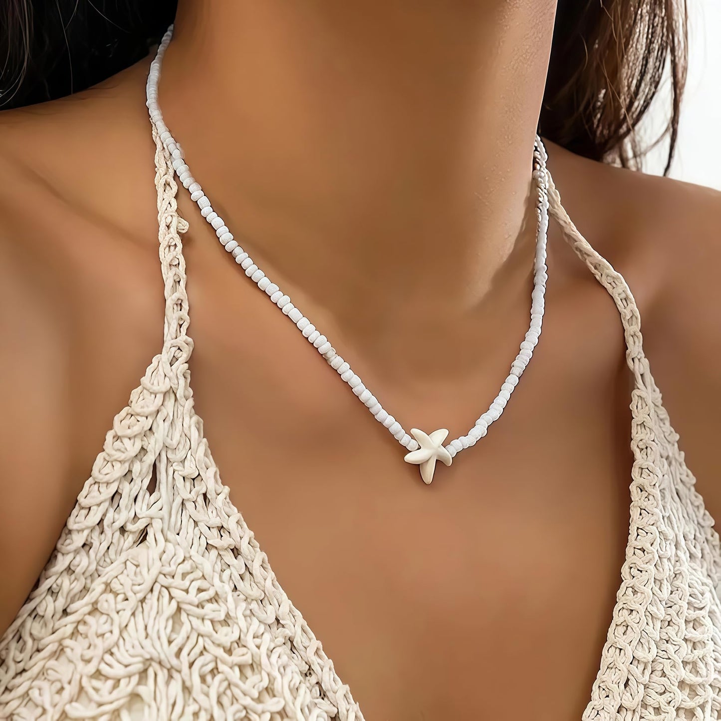Nackiy Handmade Sea Shell Necklace Choker For Women Summer Adjustable Natural Shell Collar Necklace (Beige Starfish)