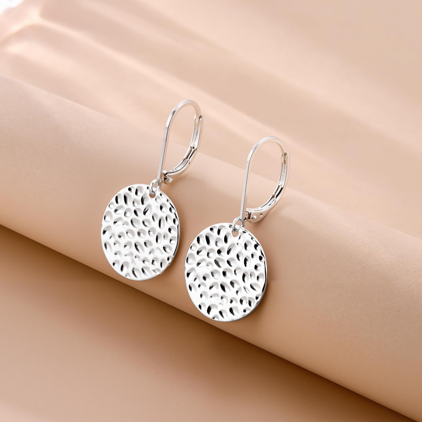 ALEXCRAFT Sterling Silver Hammered Dangle Earrings for Women Hypoallergenic Silver Disc Coin Drop Leverback Earrings Hammered Dangle Drop Earings for Women Jewelry Gifts