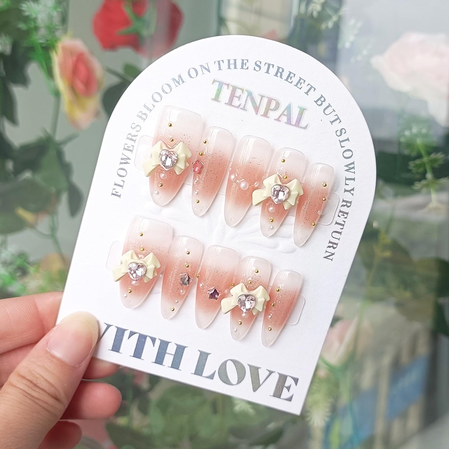 TENPAL Long Almond Press on Nails Handmade Nude Nails Press ons Acrylic False Nails With Bow Beads Decorations 10pcs/Box Sweet Cute Stiletto Artificial Fake Nails With Tools Ballet Pink Nails(XS)