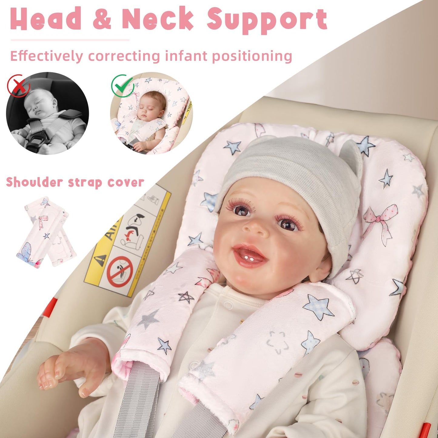 GFU Infant Car Seat Insert Head and Body Support, Reversible Newborn Insert for Carseat with Strap Pads, Soft Stroller Cushion Pillow Insert for Boys and Girls, Fits for Stroller, Swing，Pink