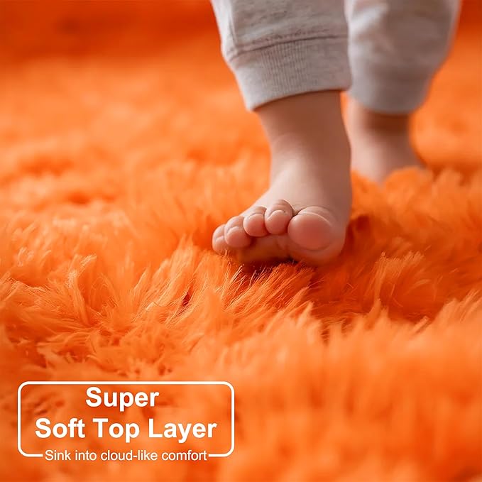 Amdrebio Orange Circle Round Rug 6Ft for Living Room Bedroom, Fluffy Furry Shag Area Rugs for Kids Room Decor Aesthetic, Cute Fuzzy Plush Shaggy Carpet for Baby Nursery Dorm Playroom, Teen Girls Boys