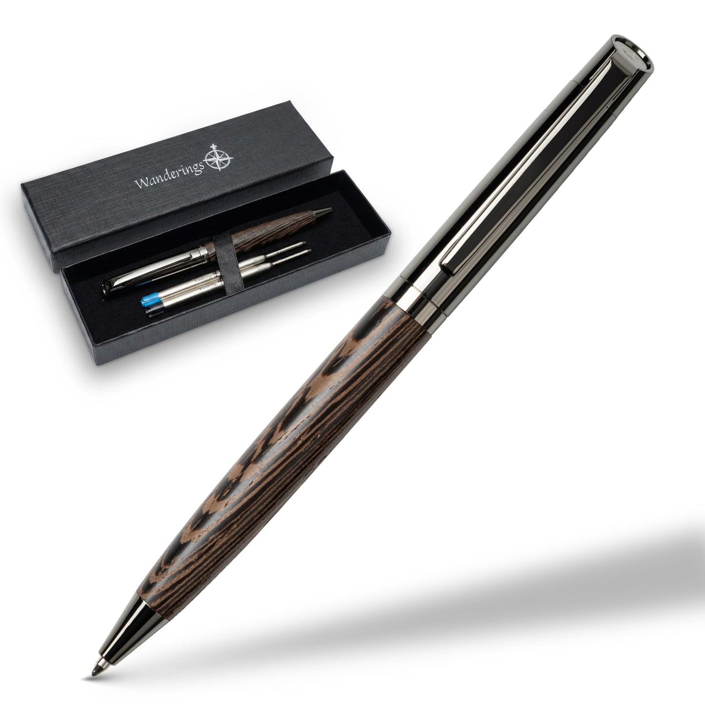 WANDERINGS Ballpoint Pen with German Ink – Beautifully Balanced for a Smooth Writing Experience - Light Brown and Real Wood Barrel - Includes 2 Refills in a Presentation Case