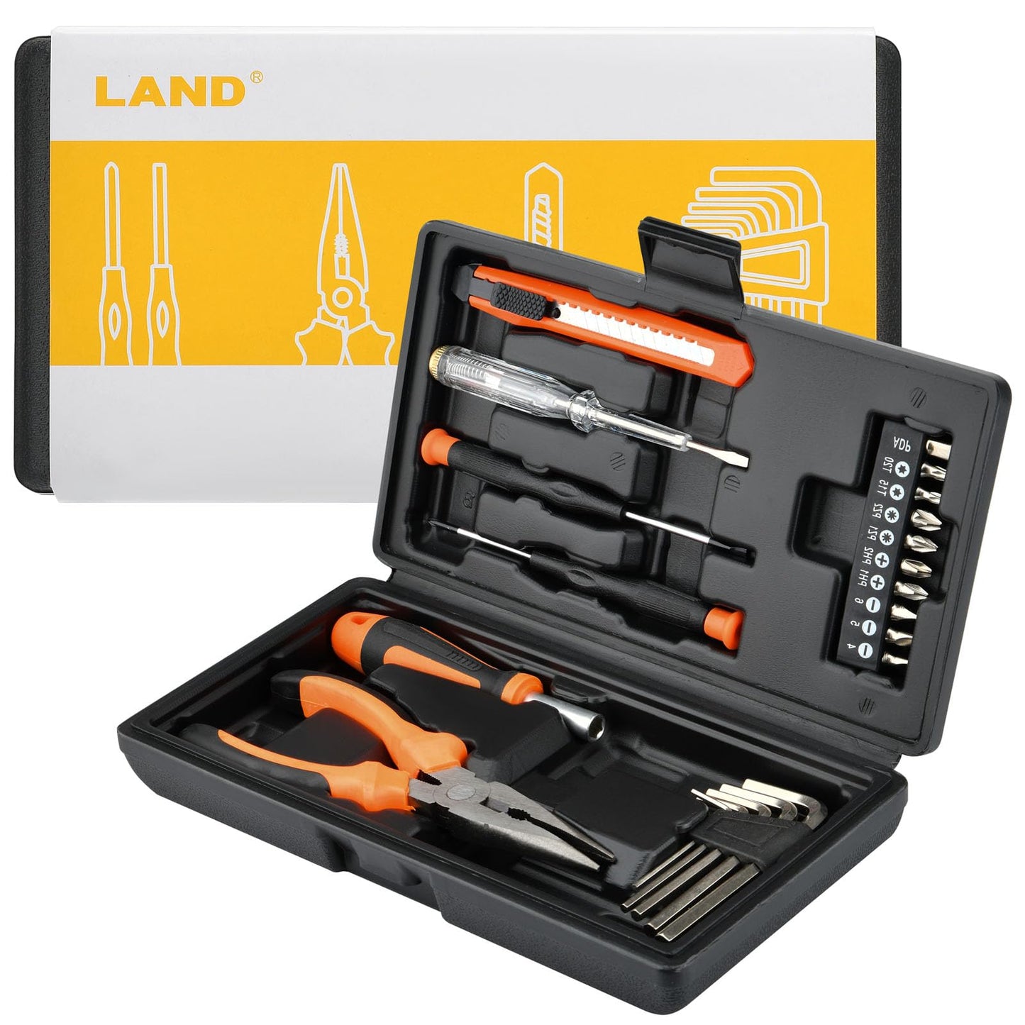 LAND 22-Piece Small Tool Kit with Toolbox - Essential Household Tool Set for Home Repair, DIY Projects, Garage & College Dorm, Includes Pliers, Screwdrivers & Portable Storage Case
