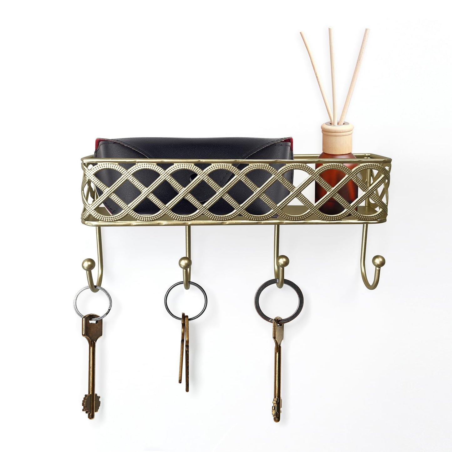 MUYUSEN Celtic Knot Key Holder Wall Shelf - Entryway Wall Mounted Organizer with 4 Hooks, Metal Storage for Keys, Wallets, Bags, Hats (Golden)