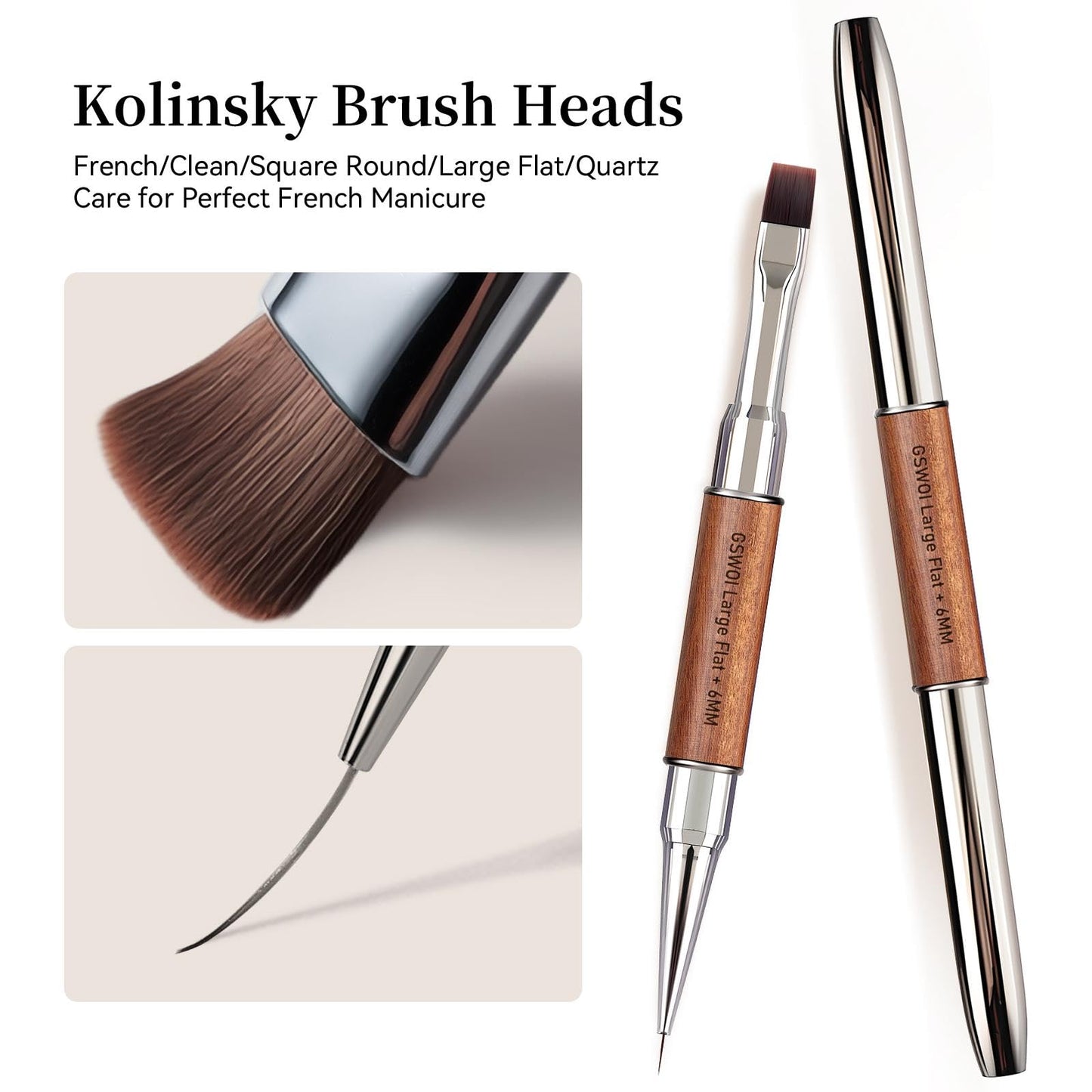 GSWOI Dual Head Acrylic Nail Brush-Large Flat & 6mm Liner for Builder Gel,Polygel & Design-Wood Handle & Metal Caps