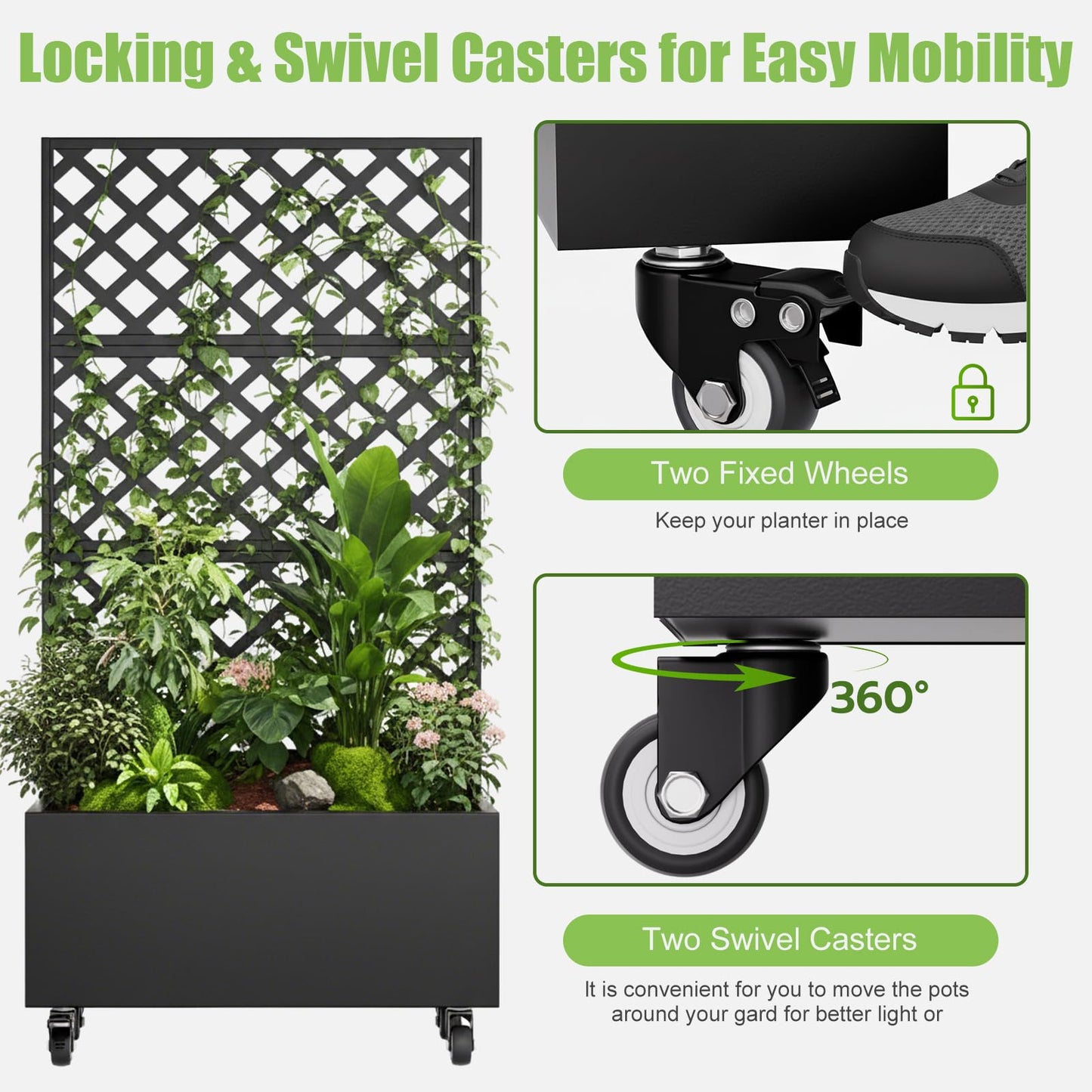 Luzfuego 72" Metal Planter Box with Trellis, Tall Outdoor Planter Box, Raised Garden Bed on Wheels for Climbing Plants, Outdoor Flower Planter with Drainage & Lockable Casters