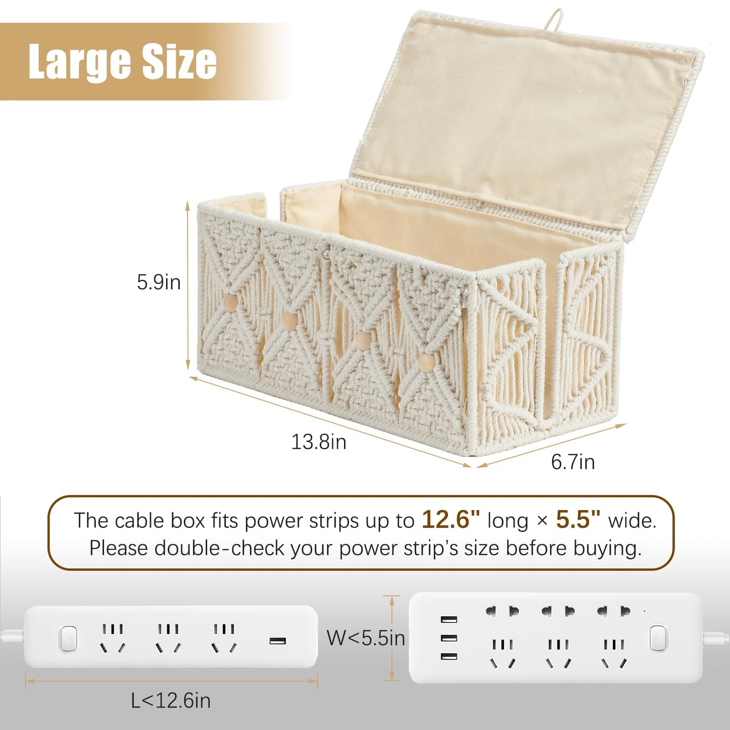VinneGenzz Cable Management Box Handmade Macrame Cord Storage Organizer Power Strips Outlet Router Adapter TV Wire Hider Cover Under Desk Natural Cotton Rope Woven Boxes with Lid (Off White, Large)