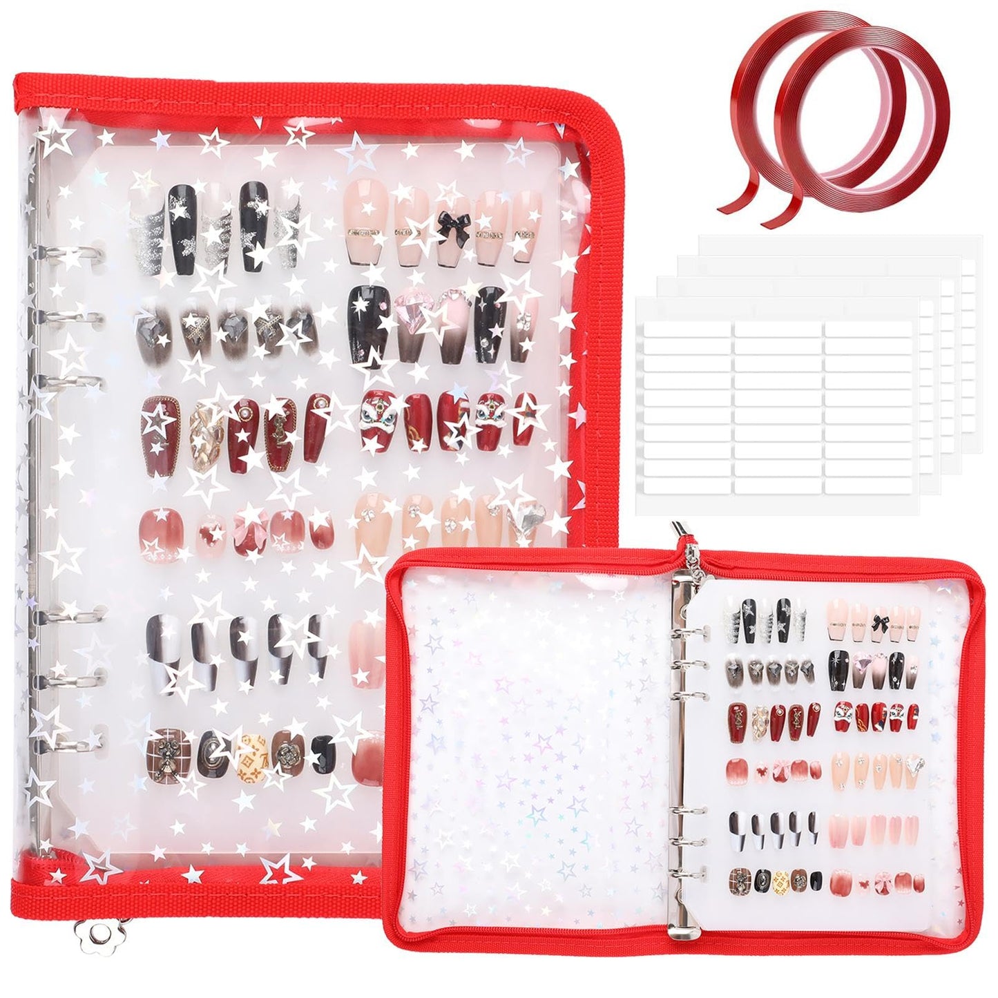 ASTONFOG Press on Nail Organizer Binder Book, 8 A5-Sized Insert Pages & Double Sized Tape, Press on Nails Display Storage Book, Reusable Fake Nail Swatch Collecting Book (Red Star)