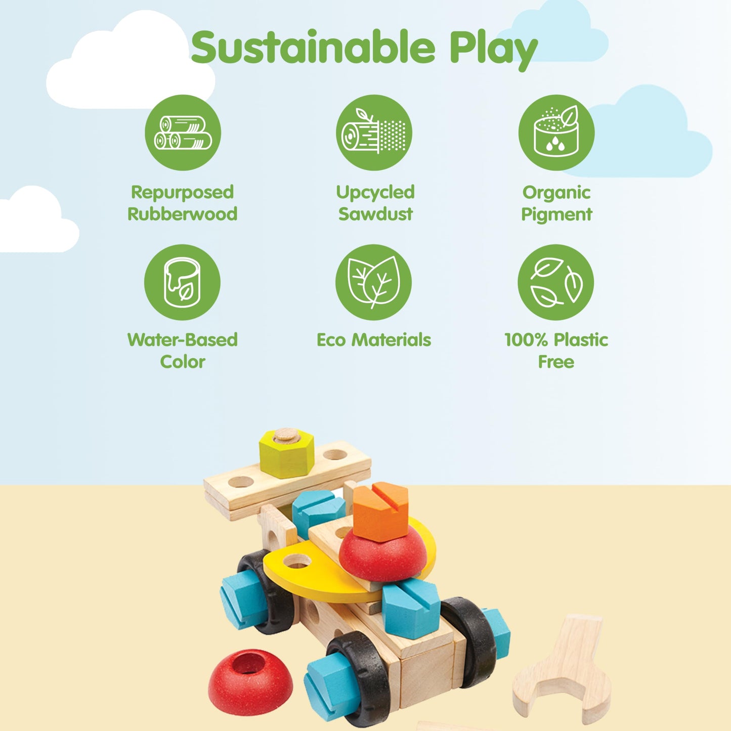 PlanToys® Construction Set Wooden Montessori Building and Engineering Toy | Fine Motor, Creativity and Early STEM Skill Development | Eco Friendly Educational Open Ended Play Kit