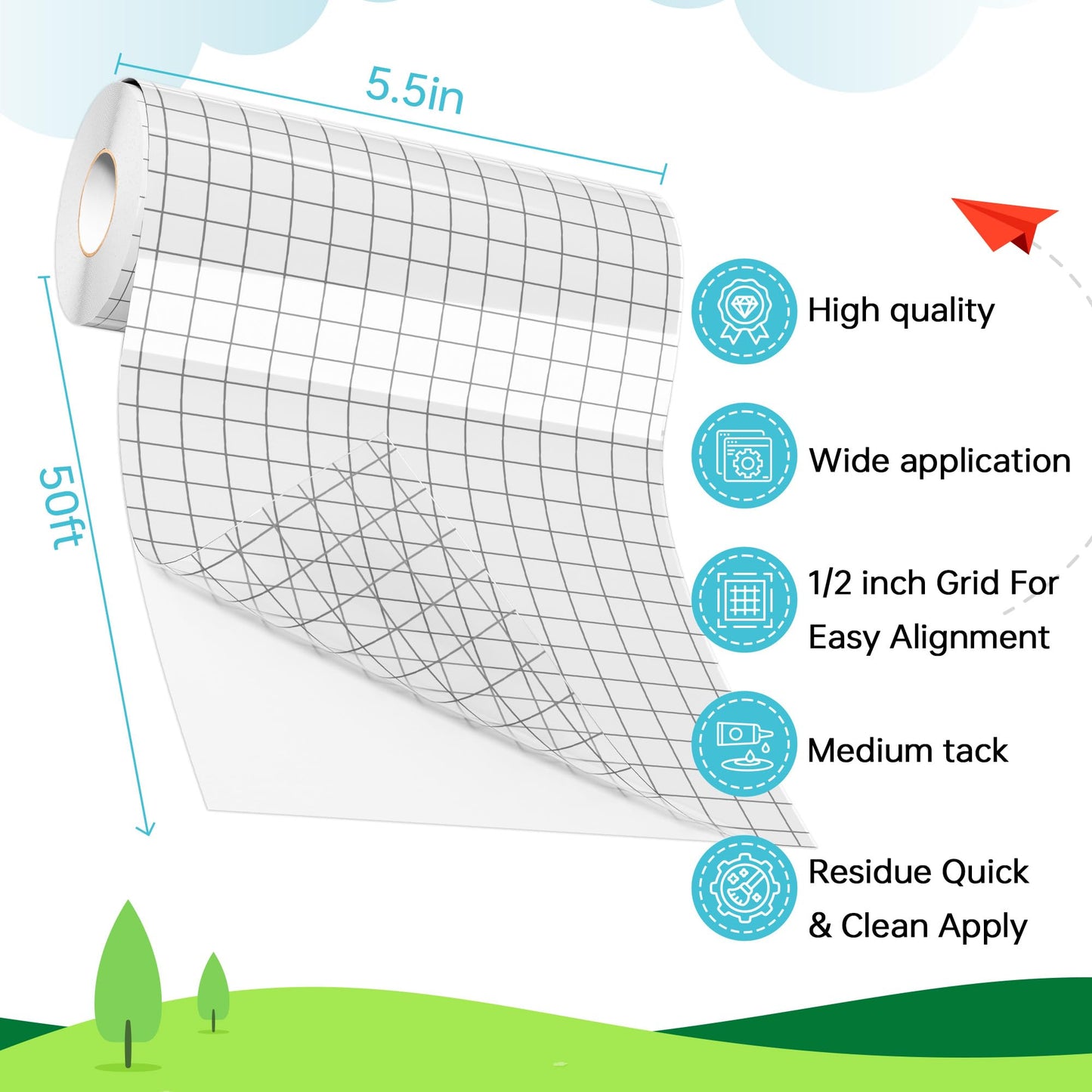 LIKCUT Clear Vinyl Transfer Paper Tape Roll - Medium Tack Gray Grid for Crafting, Compatible Glee S501 for Decals, Signs, Windows & Stickers (5.5in x 50ft)