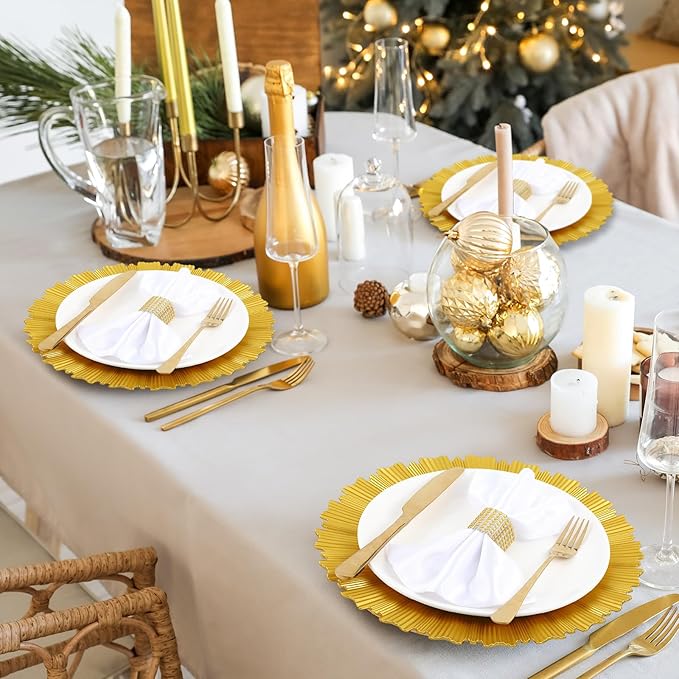 Mifoci 50 Pcs Bright Gold Charger Plates Bulk 13 Inch Plastic Round Chargers Fluted Edge Dinner Plate Wedding Decoration for Table Setting Wedding Party Event Tabletop