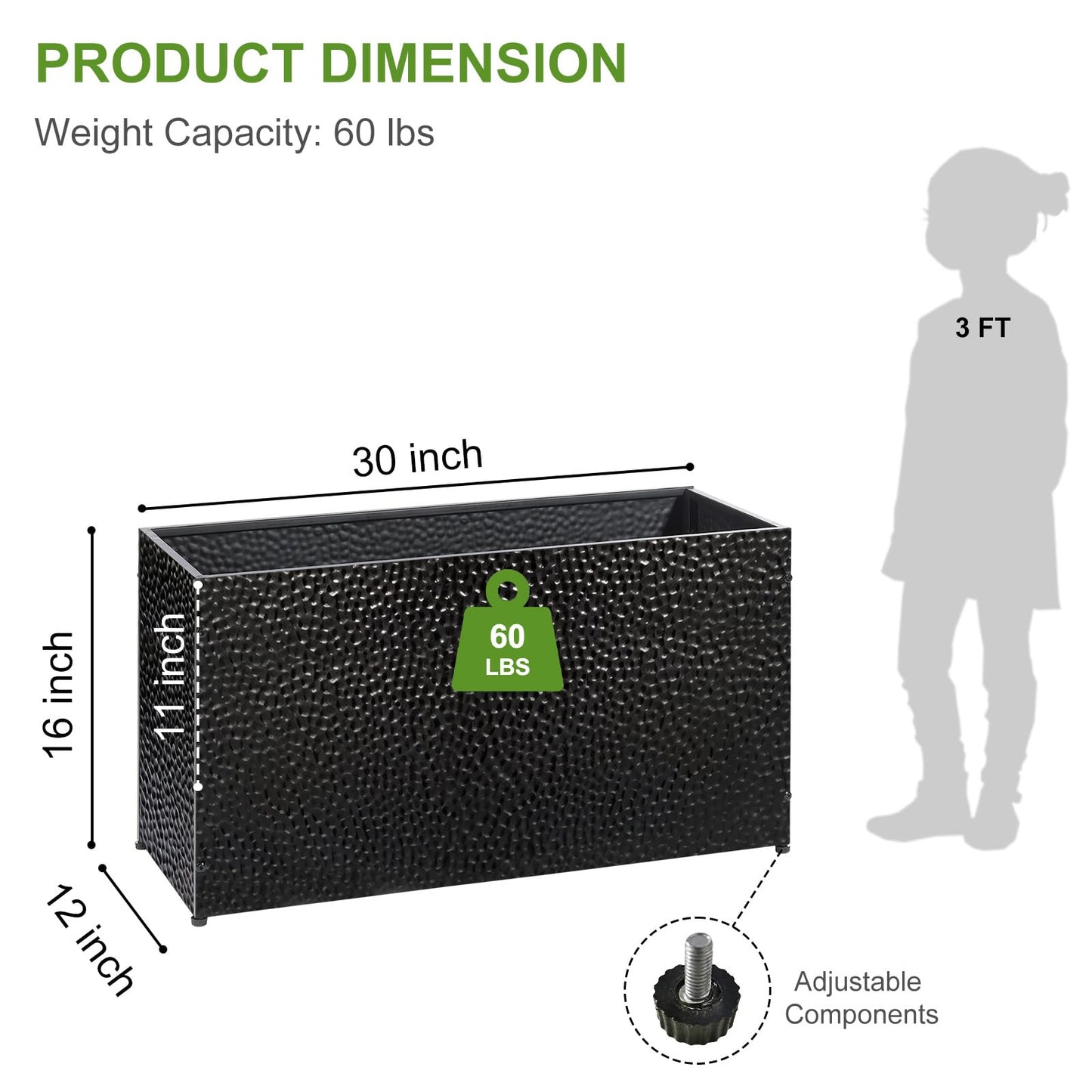 BAYN 30x12x16 Inch Rectangular Metal Planter Box – Black Hand-Hammered Metal Planter with Pre-Drill Holes, Heavy Duty Outdoor Garden Planter for Patio, Porch, Yard