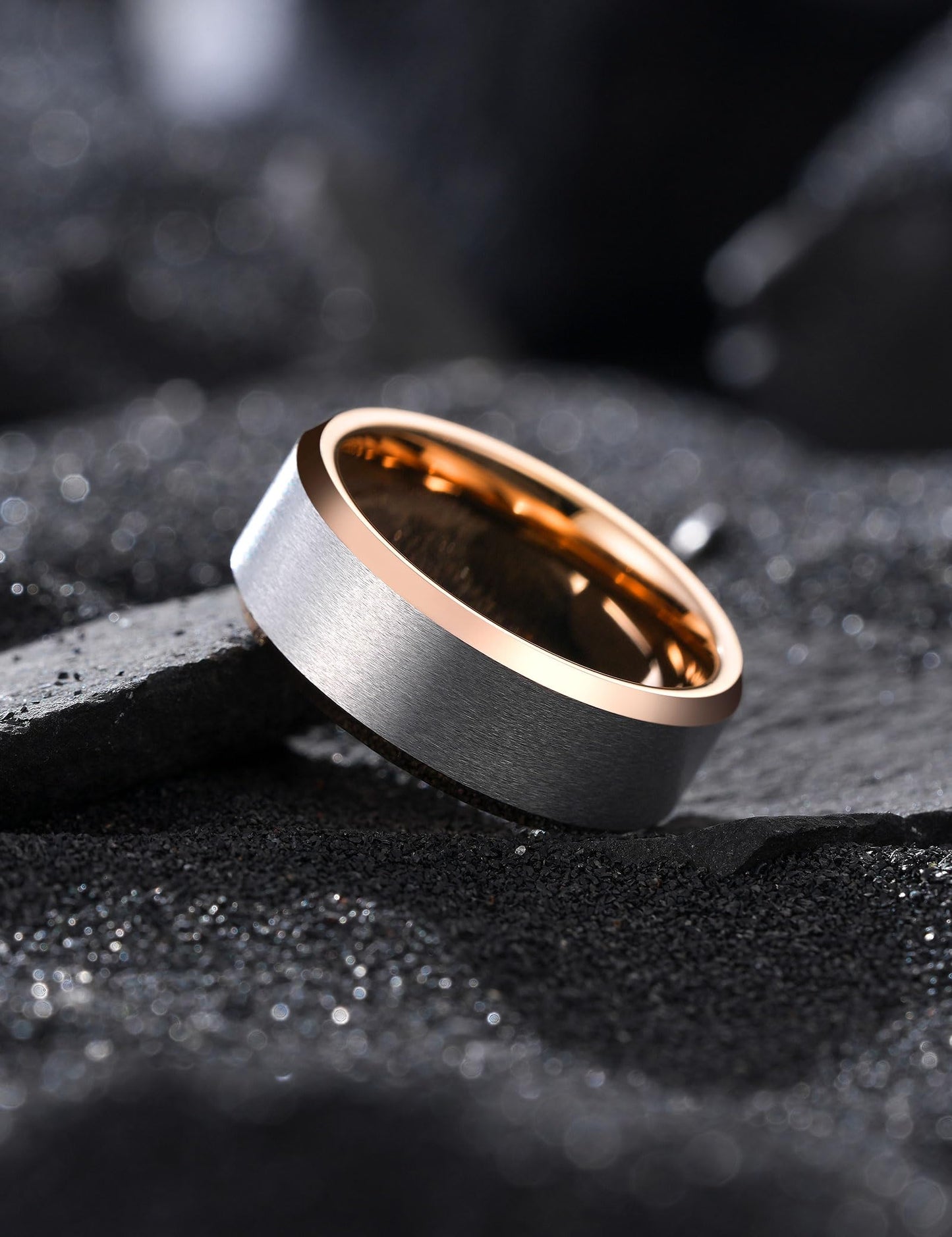 King Will 8mm Classic Tungsten Rings for Men Two-Tone Mens Wedding Bands Simple Engagement Promise Ring Matte Brushed Beveled Edges Comfit Fit Durable, Silver & Rose Gold Plated Size 12