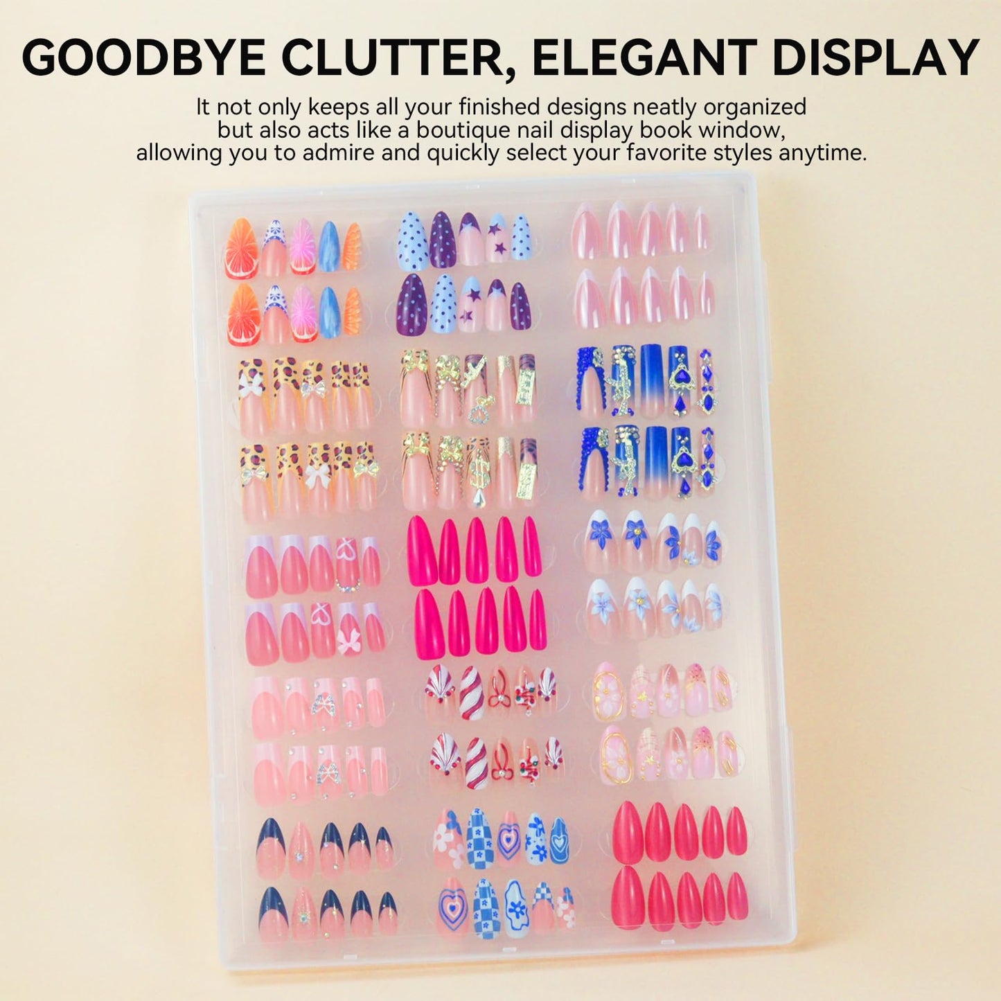 ESUOHYM Nails Storage Box with Stand for Fake Nail,Large Empty Nail Box Case Use for Press On Display & Storage,Nail holder for Painting Practice,Acrylic Nail Display Stand for Design Home