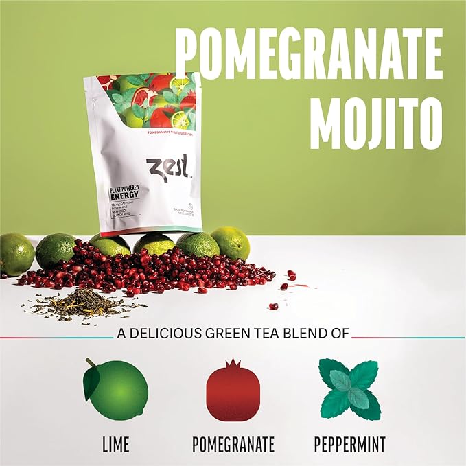 Zest Energy Green Tea – Pomegranate Mojito High Caffeine Tea Bags for Focus & Morning Energy – Natural Caffeinated Tea with 135mg Caffeine – Coffee Substitute – 20Ct Pack, Non-GMO & Keto Friendly
