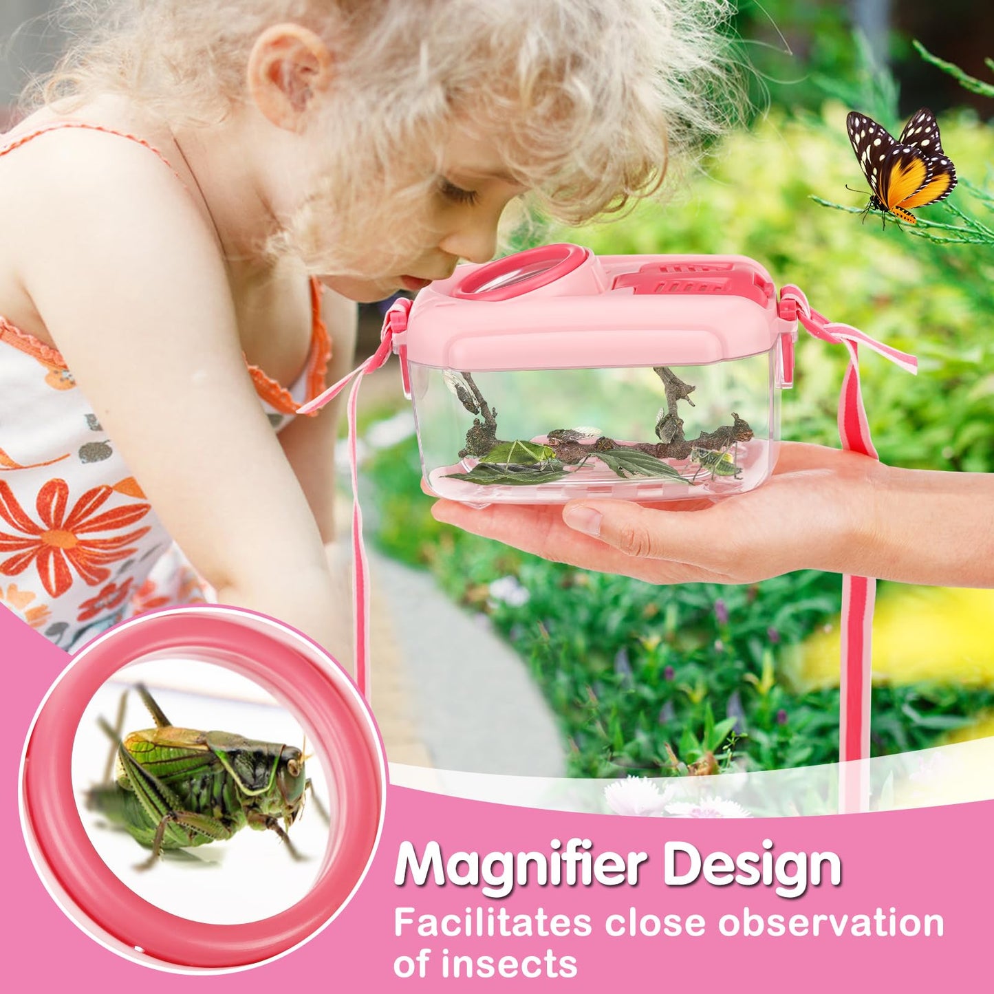 Biubee Bug Catcher for Kids - Sturdy Bugs Catching Kit Gifts with Butterfly Net Collector Insect Catcher Tweezer, Pink Bug Habitat Outdoor Explorer Kit for Girls Age 3 4 5 6 7 8