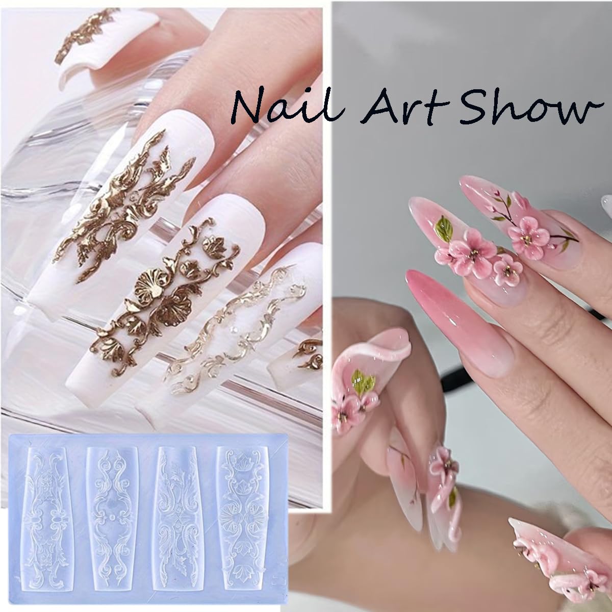 4pcs Nail Molds for Nail Art Retro Flower Charm Molds Intricate Floral Designs with Carving Pen Clear Modeling Templates Manicure Tools for DIY Salon Nail Design
