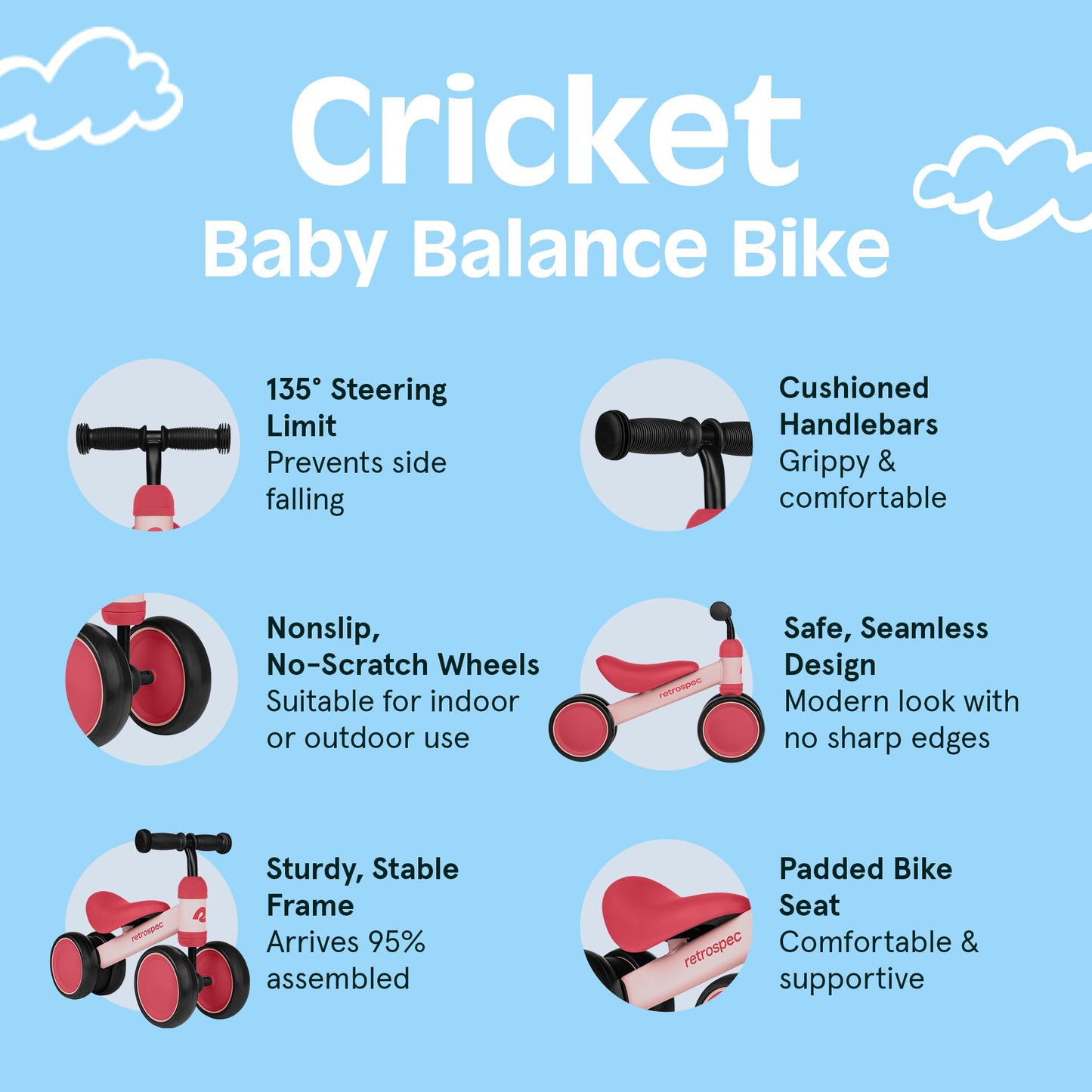 Retrospec Cricket Baby Balance Bike, 4-Wheel Ride-On Toy for Ages 12-24 Months – First Bike & Toddler Bike for 1 Year Old Boys & Girls, First Birthday Gift