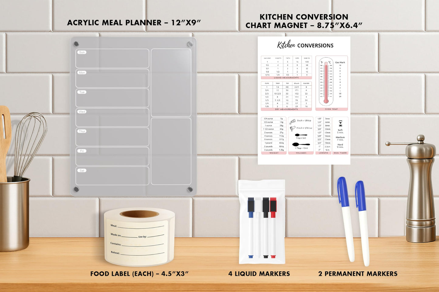 Meal Prep Bundle. Includes 1 Magnetic Acrylic Meal Planner Board, 1 Kitchen Conversion Chart Magnet, and 100 Freezer Labels for Food Storage & Organization