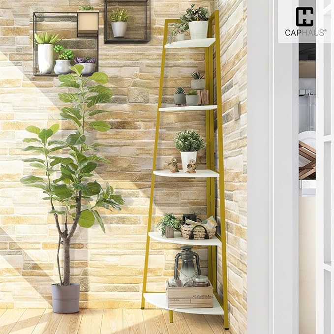 CAPHAUS Tall Corner Shelf Stand, 5-Tier Display Shelves, Ladder Corner Wood Storage Plant Bookshelf with Metal Frame, Versatile Shelving Unit Bookcase for Home Office Space, Gold