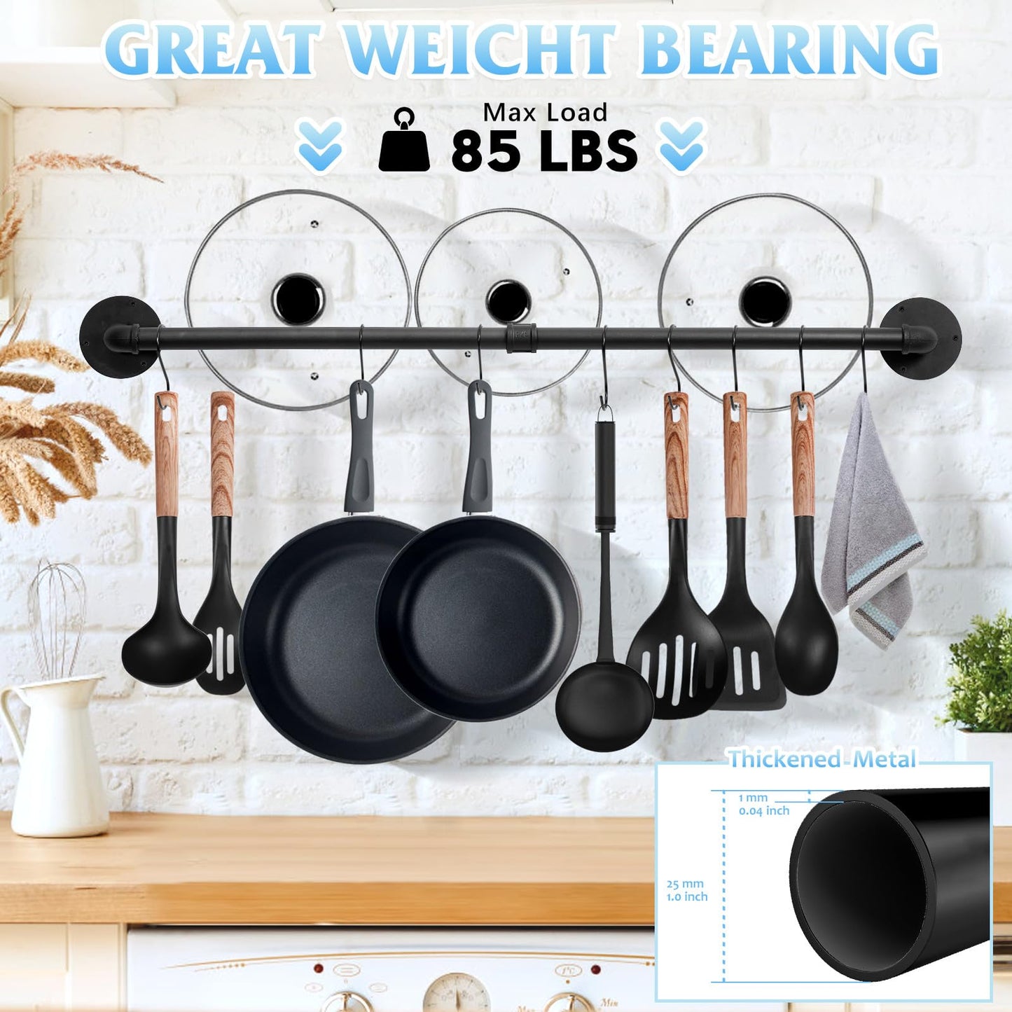 Boshangjia 24 inch Pot Rack Wall Mounted Pot Hangers for Kitchen, Detachable Storage Organizer, Industrial Pipe Lids Utensils Hanging Rail Iron Holder with 6 S Hooks, Black