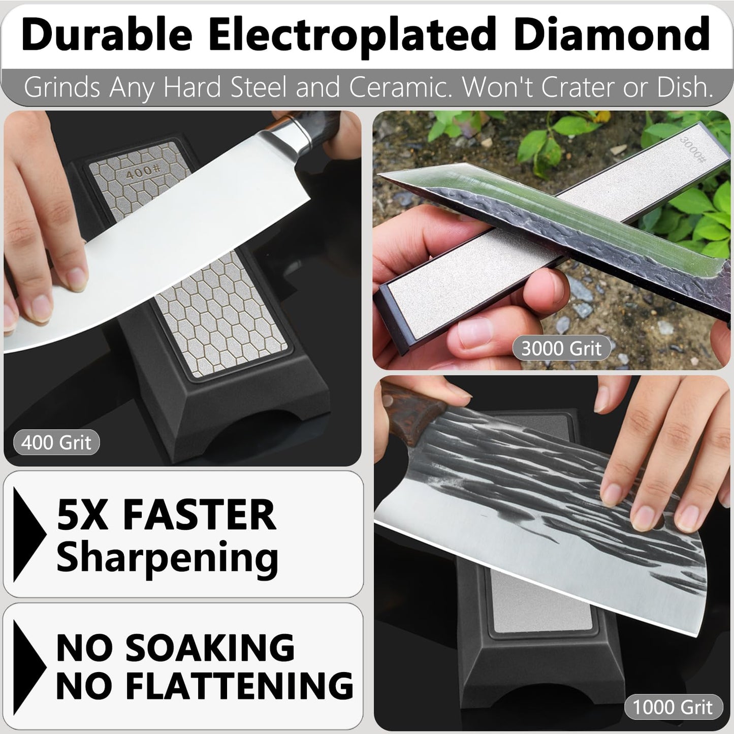 Diamond Sharpening Stone Set & Knife Sharpener Whetstone Kit, Double-Sided 400/1000 Grit Plate with Non-Slip Base & Angle Guide, Portable 3000 Grit Honing Tool for Kitchen Ceramic Knives